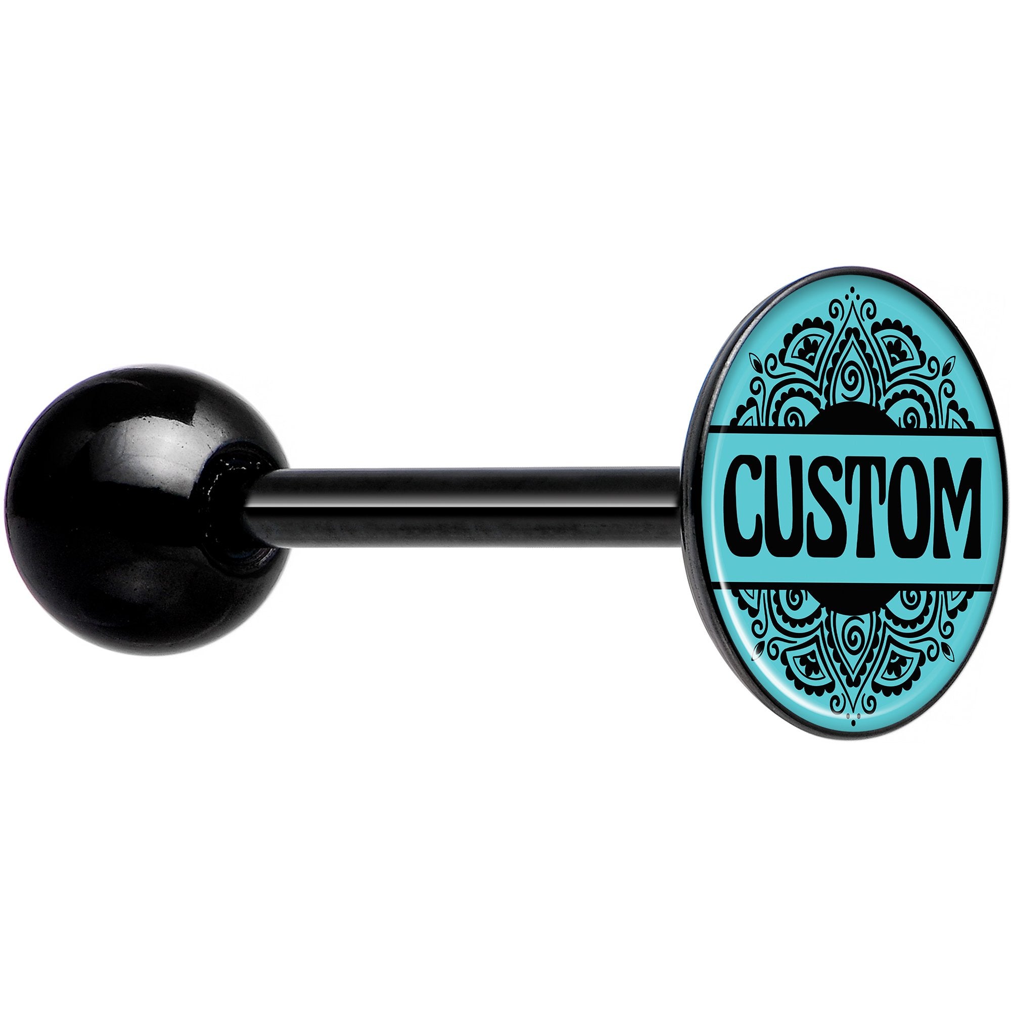Custom Teal Mandala Personalized Name Black Barbell Tongue Ring