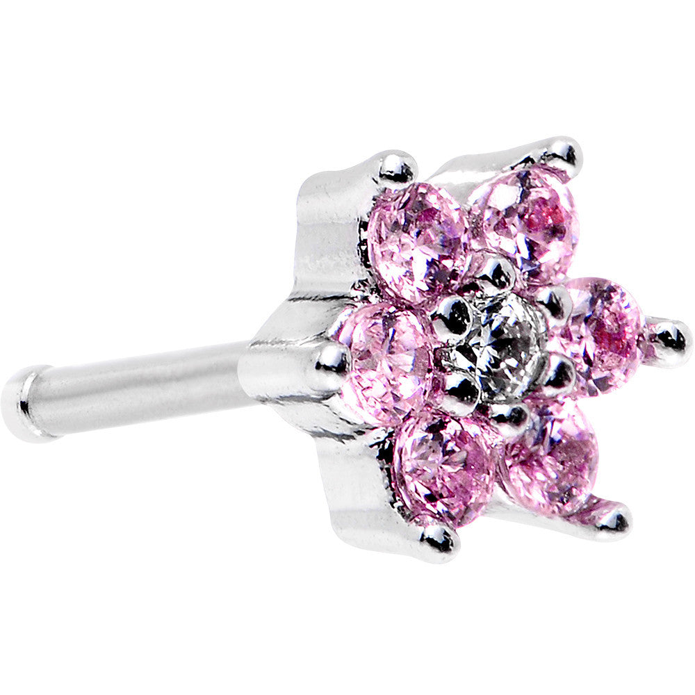 18G 1/4 Pink and Clear Cubic Zirconia Gem Flower Nose Bone