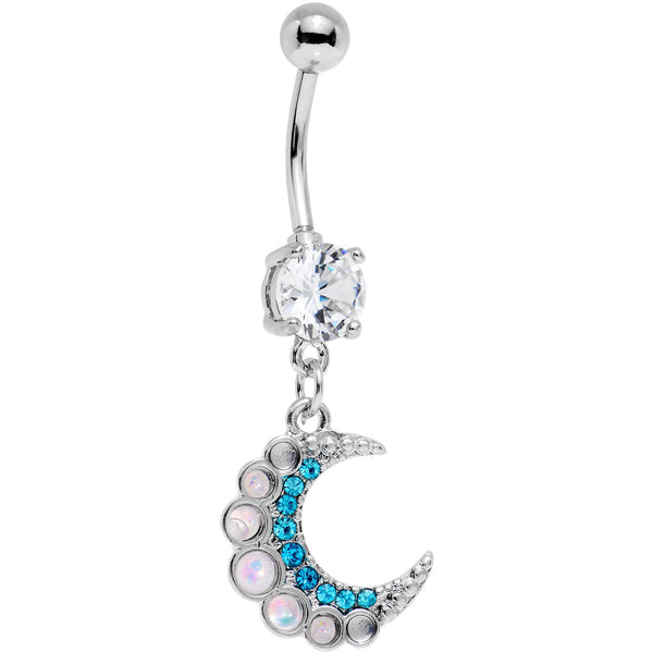 White Faux Opal Encrusted Crescent Moon Dangle Belly Ring