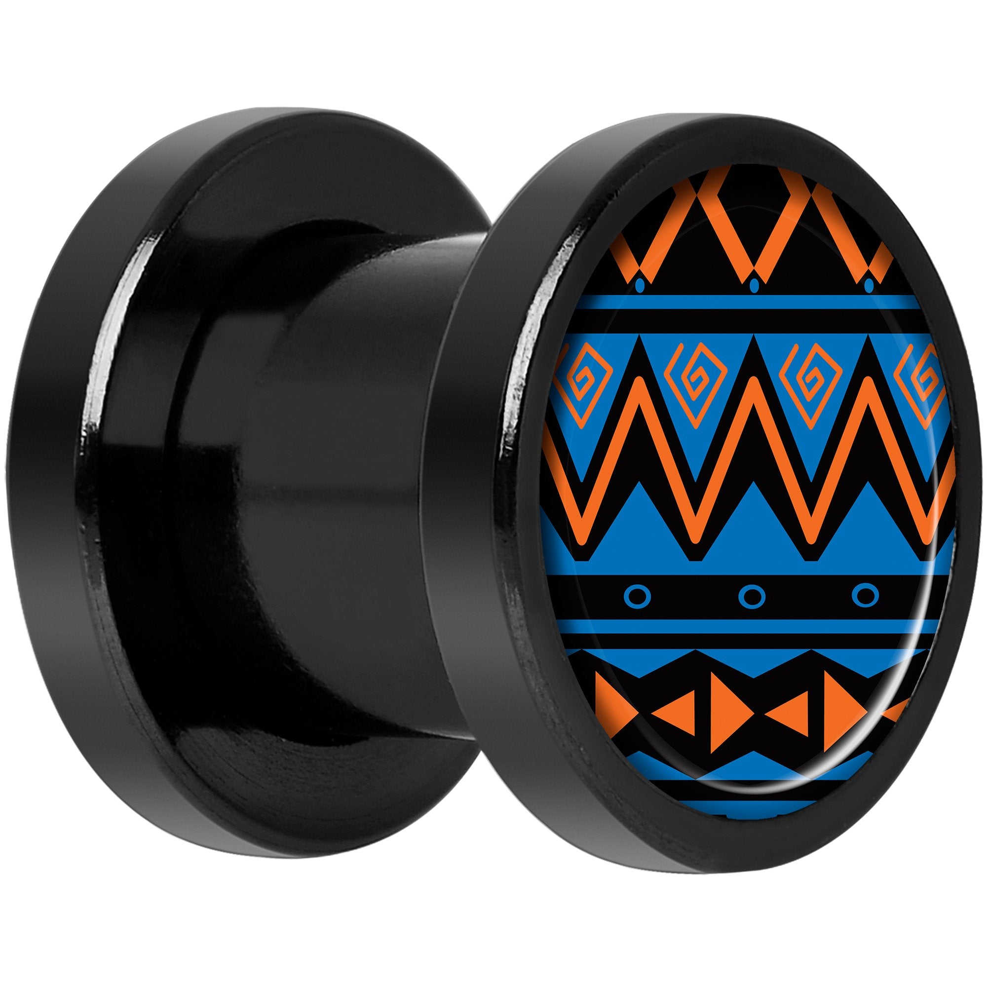 Blue Orange Tribal Print Black Anodized Screw Fit Plug Set 0 Gauge