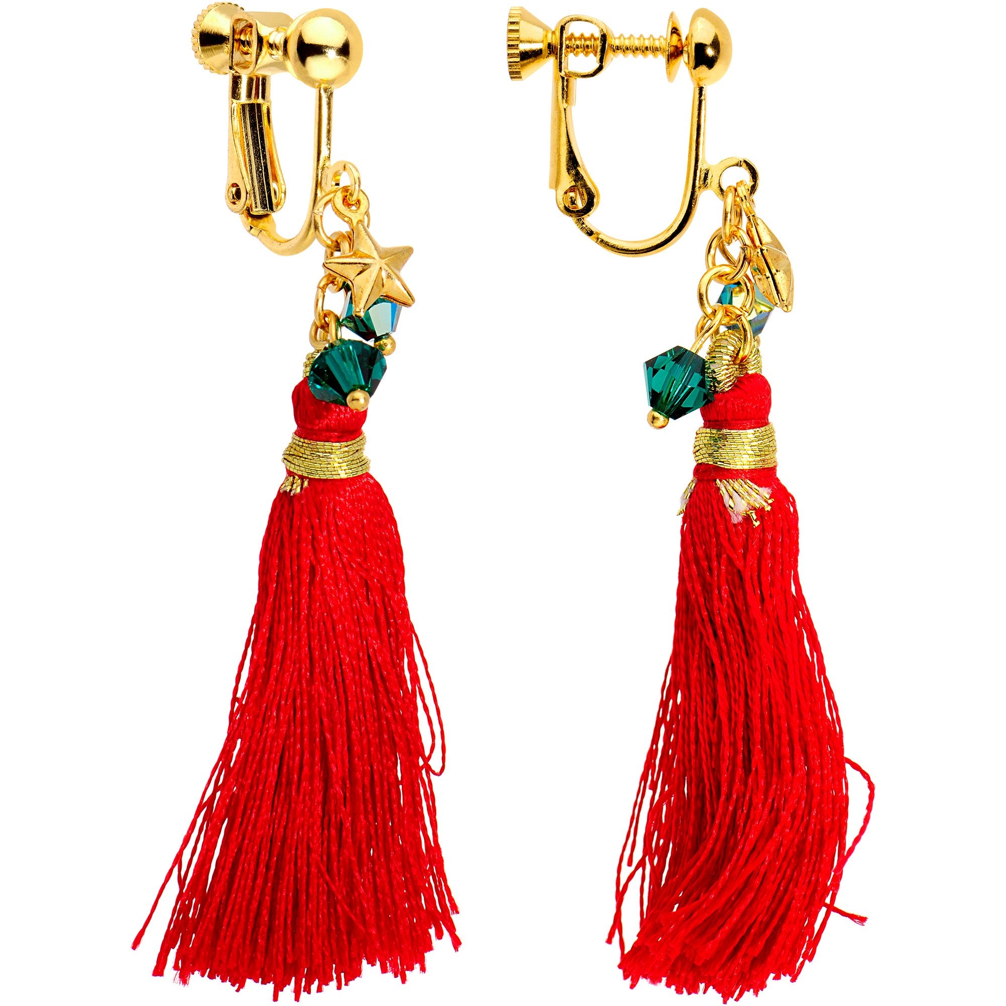 Red Holiday Tassel Clip On Earrings Created with Crystals
