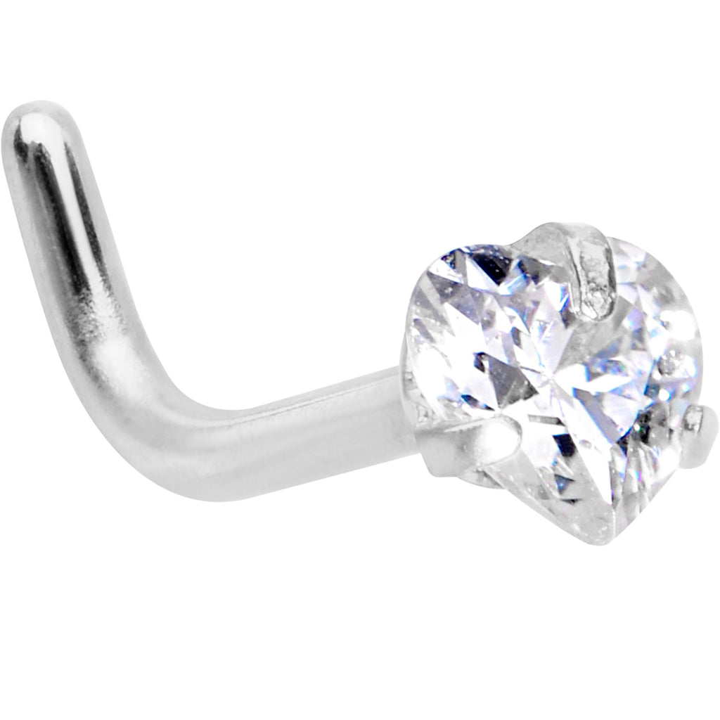 18G 1/4 Clear Heart 3mm CZ Gem Steel L-Shape Nose Ring