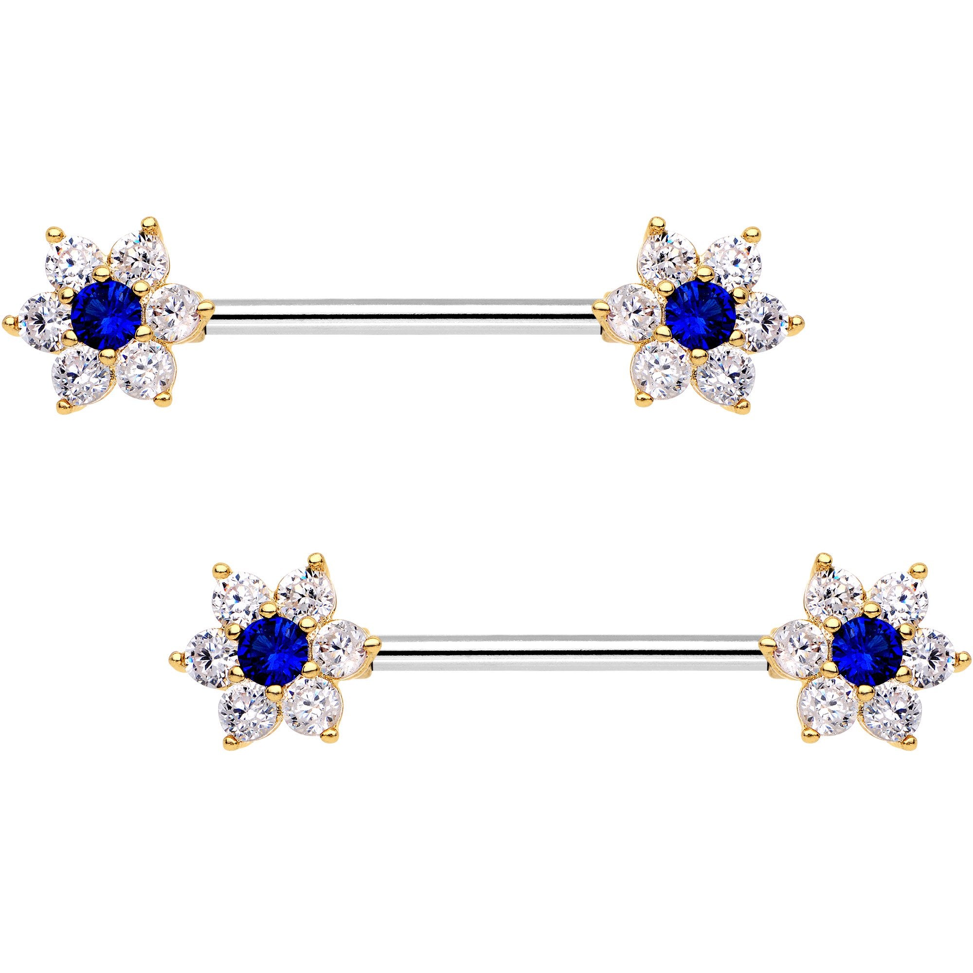 9/16 Blue CZ Gem Shimmering Flower Petal Barbell Nipple Ring Set