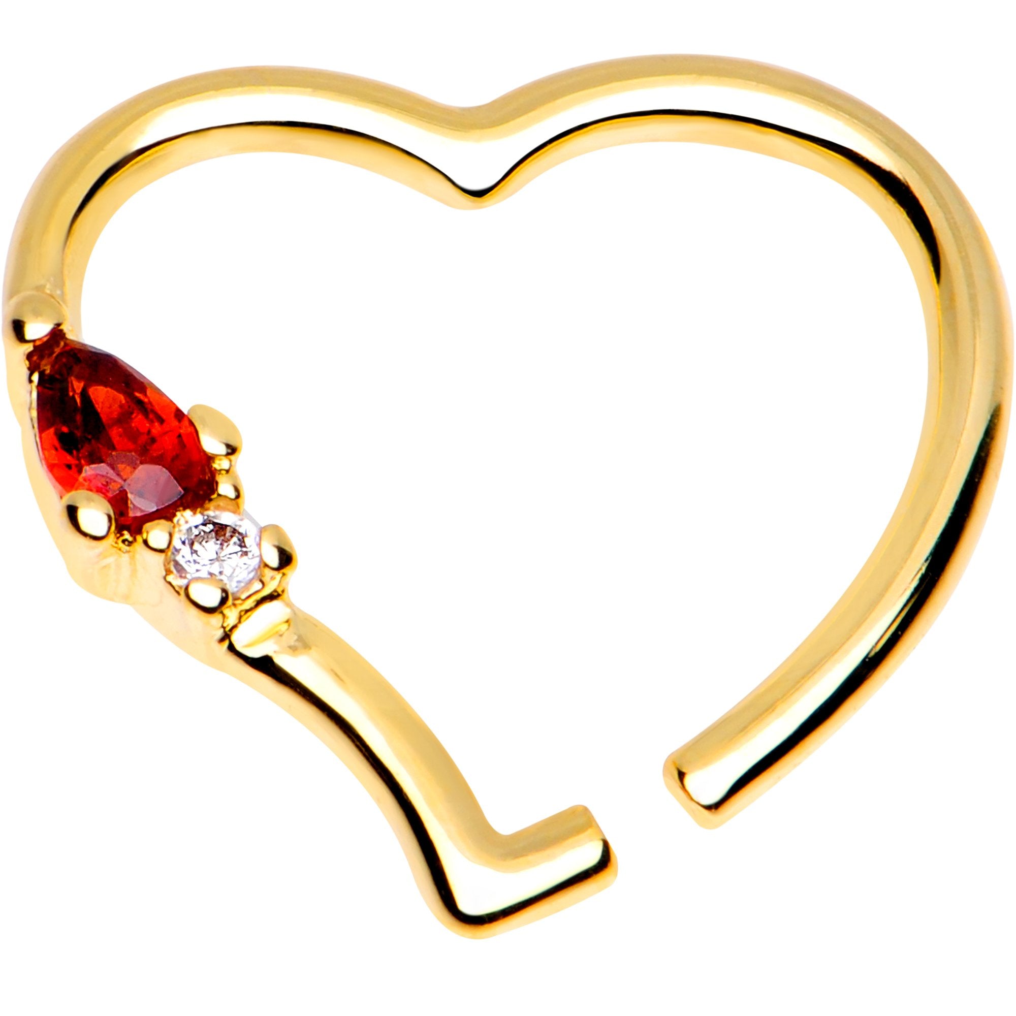 3/8 Red CZ Gem Gold Plated Free Heart Right Daith Cartilage Tragus