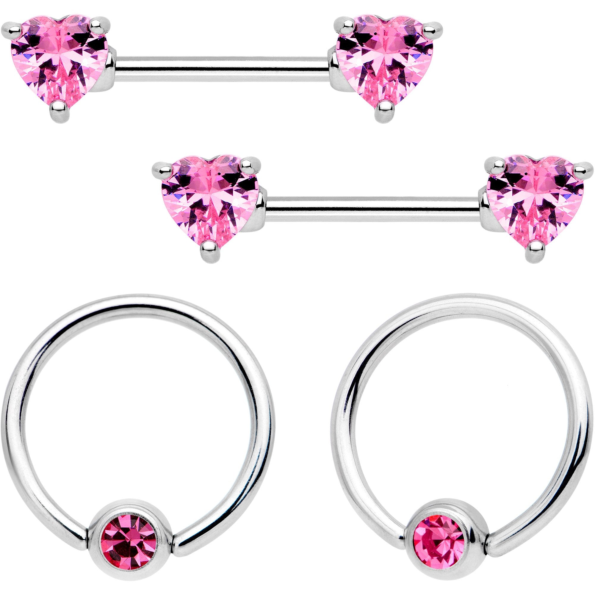 14 Gauge 9/16 Pink Gem Heart Captive Ring Barbell Nipple Ring Set