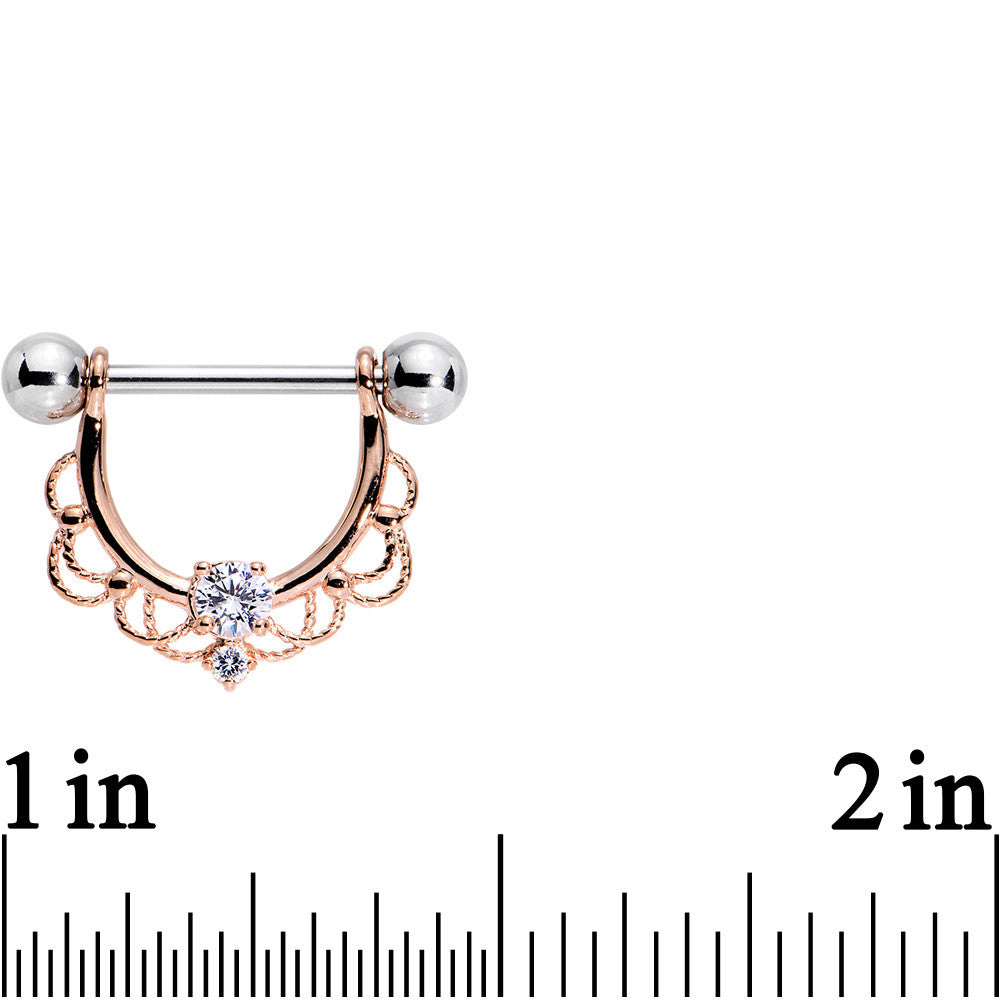 9/16 Clear CZ Gem Rose Gold Flourish Dangle Nipple Barbell Set