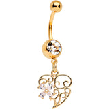 Clear Gem Gold Tone Anodized Filigree Heart Flower Dangle Belly Ring