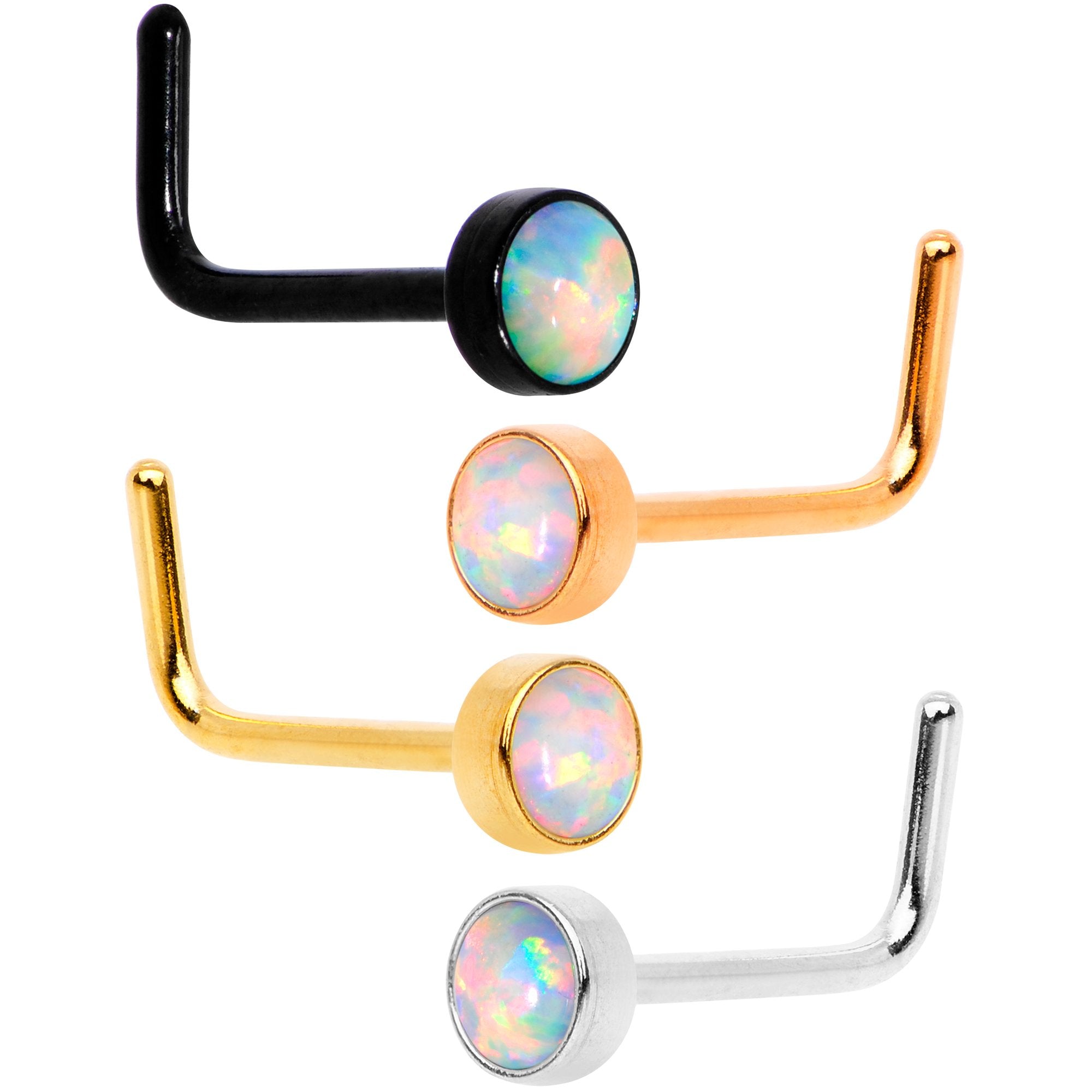 White 3mm Synthetic Opal Anodized Press Fit L Shaped Nose Ring 4 Pack Set