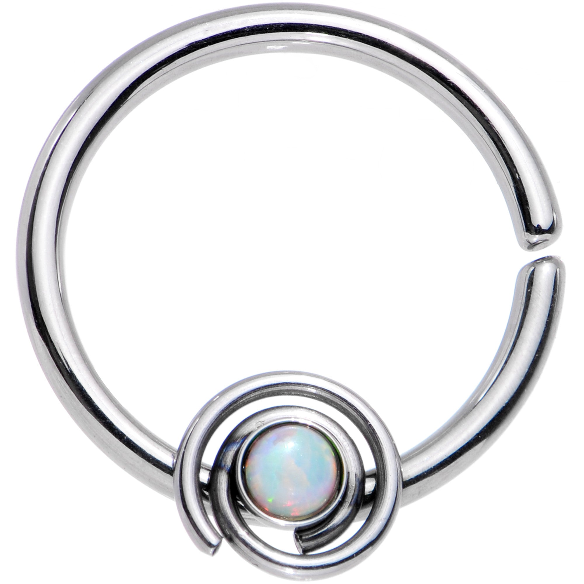 16 Gauge 3/8 White Synthetic Opal Swirl Set Circular Ring