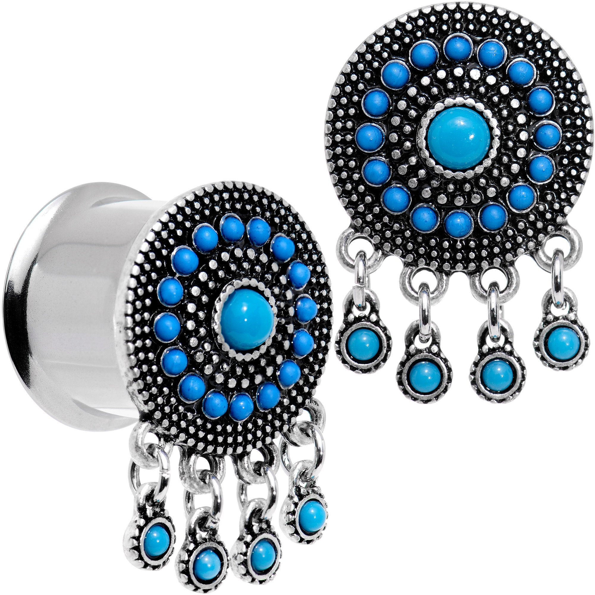 Southwest Blue Drum Dreamcatcher Dangle Double Flare Plug Set 6mm to 25mm
