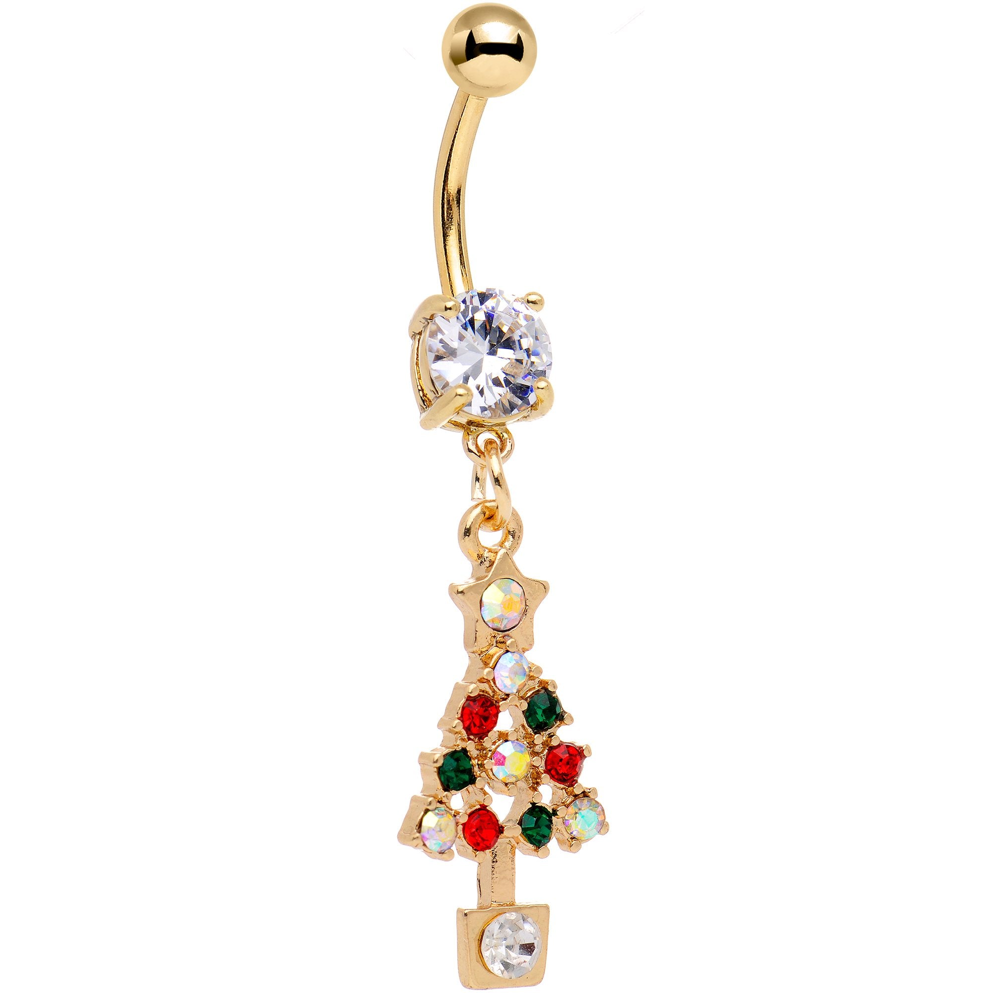 Clear Gem Gold Plated Decked Out Christmas Tree Dangle Belly Ring