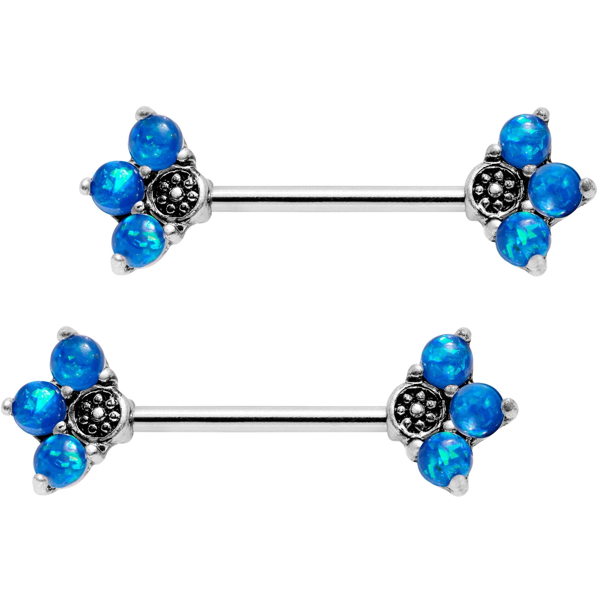 9/16 Blue Faux Opal Three Petal Flower Barbell Nipple Ring Set
