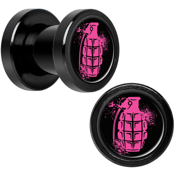 Pink Grenade Black Anodized Screw Fit Plug Set 2 Gauge