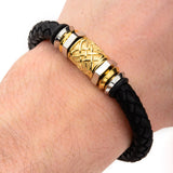 Mens Steel and Gold IP Bead in Black Braided Leather 8mm Bracelet