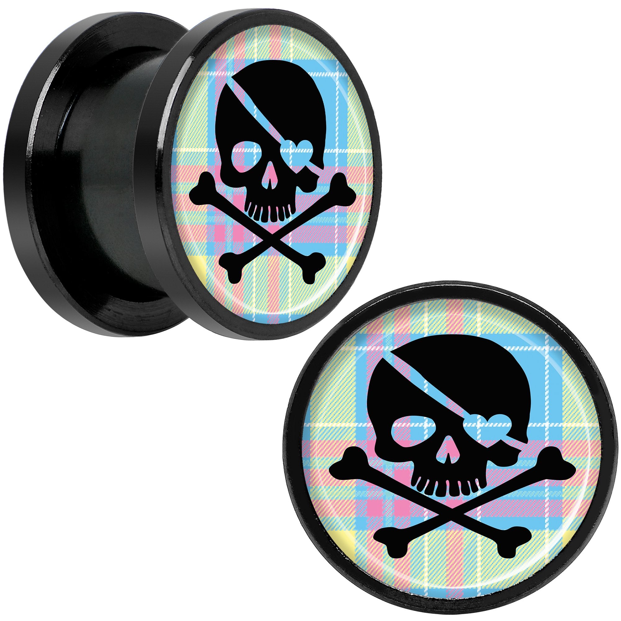 Pink Green Plaid Heart Skull Black Anodized Screw Fit Plug Set 1/2