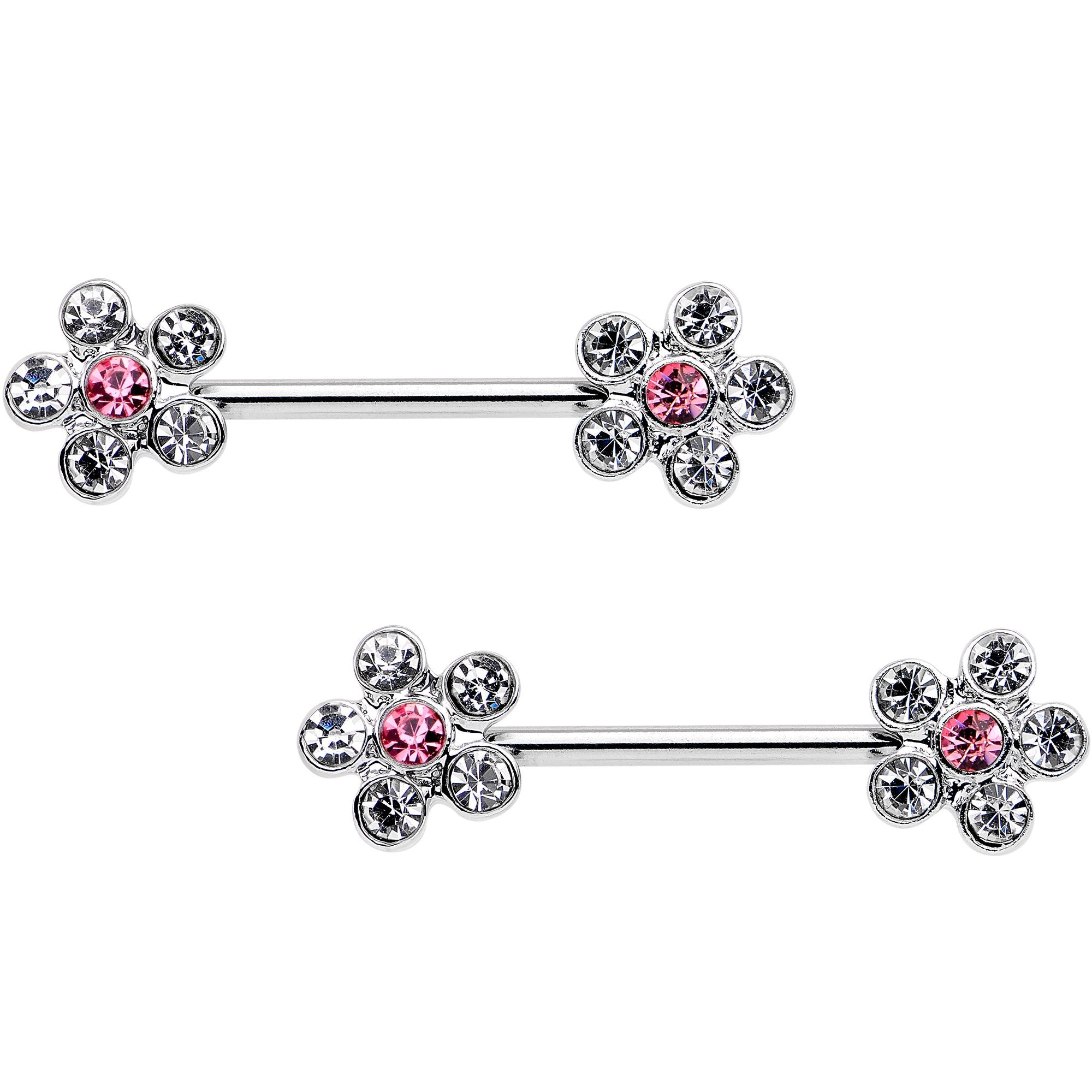 14 Gauge 5/8 Clear Pink CZ Gem Fancy Flower Barbell Nipple Ring Set