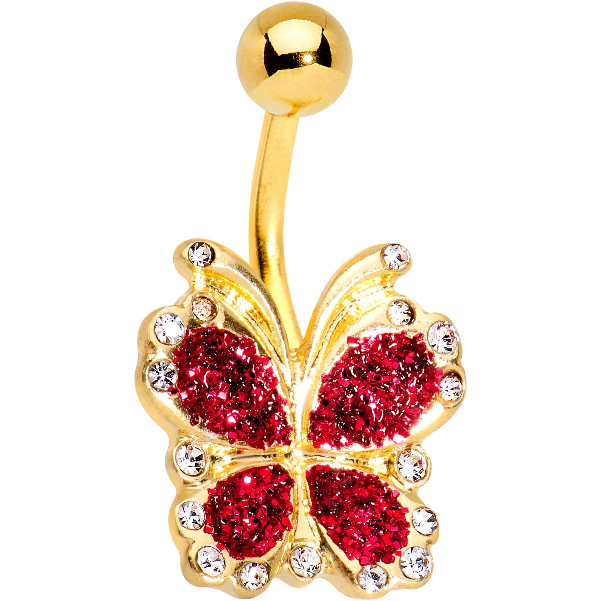 Clear Gem Gold Tone Anodized Red Sparkle Butterfly Belly Ring