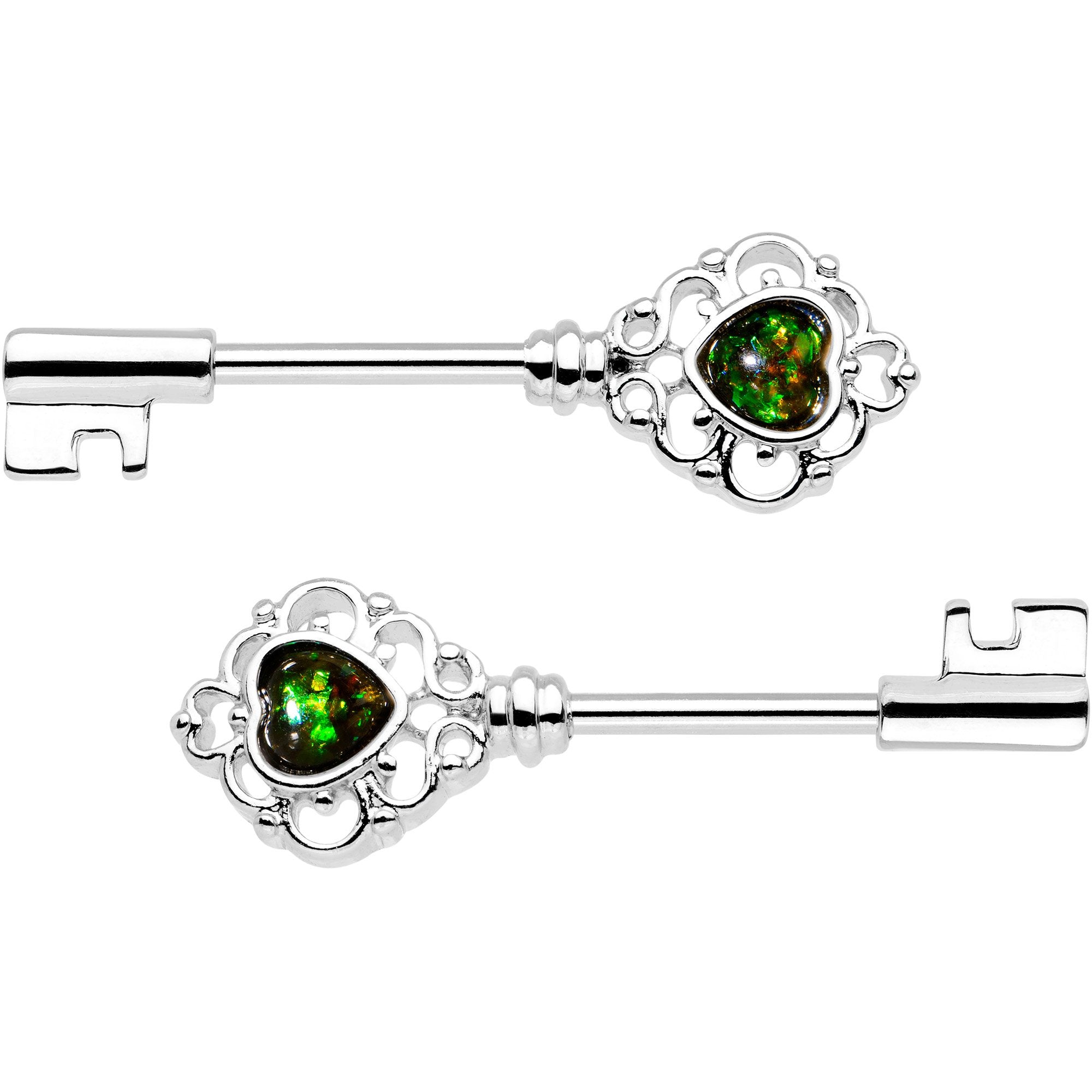 1/2 Green Faux Opal Heart Key Barbell Nipple Ring Set