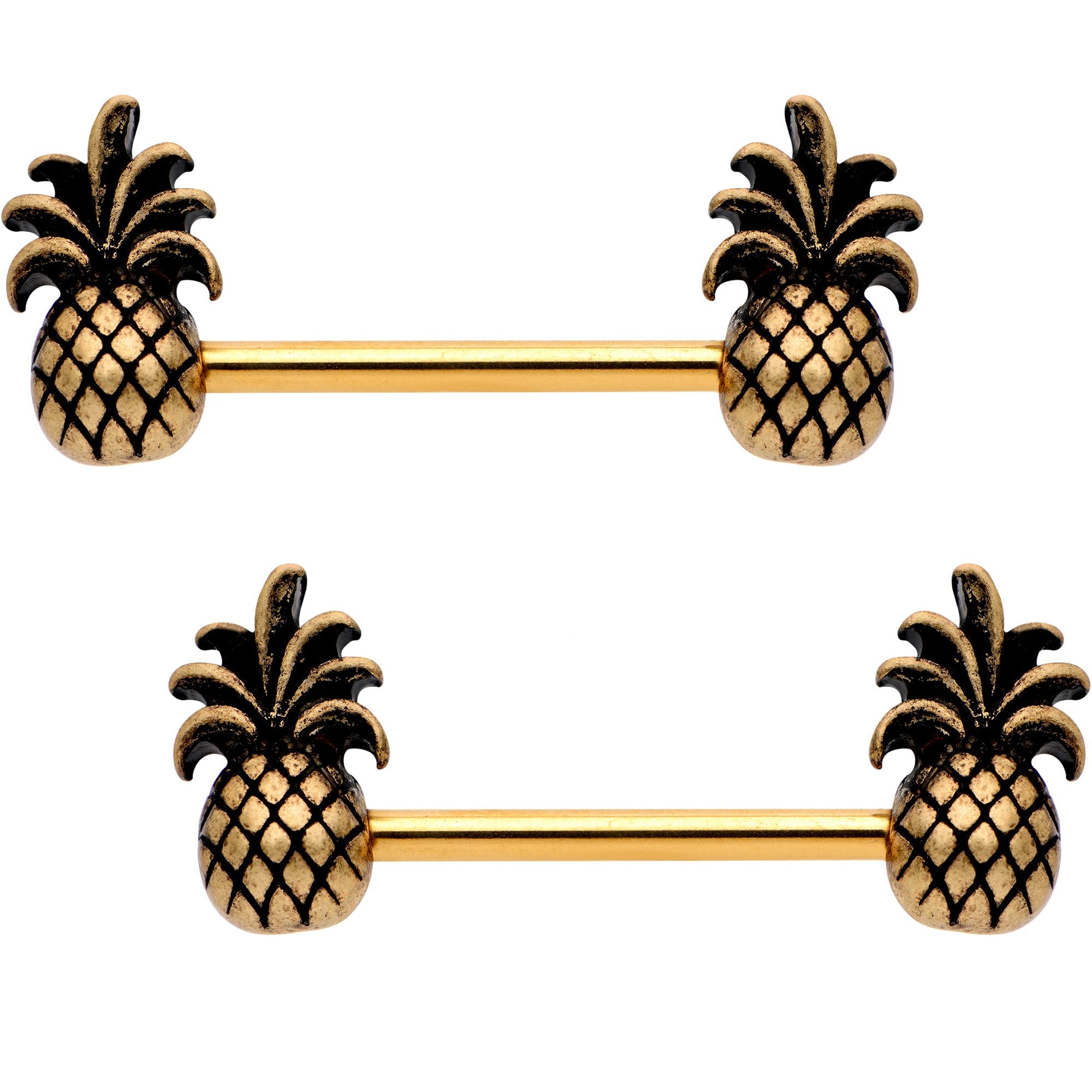 5/8 Gold Tone Anodized Pineapple Pizzazz Barbell Nipple Ring Set