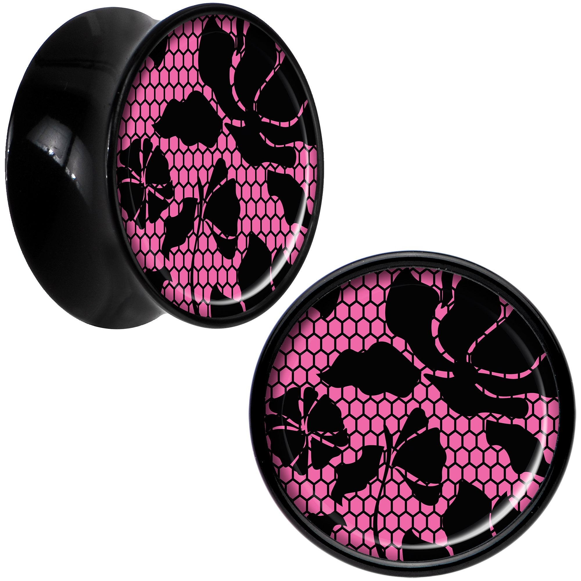 Black Acrylic Pink Floral Lace Saddle Plug Set 9/16