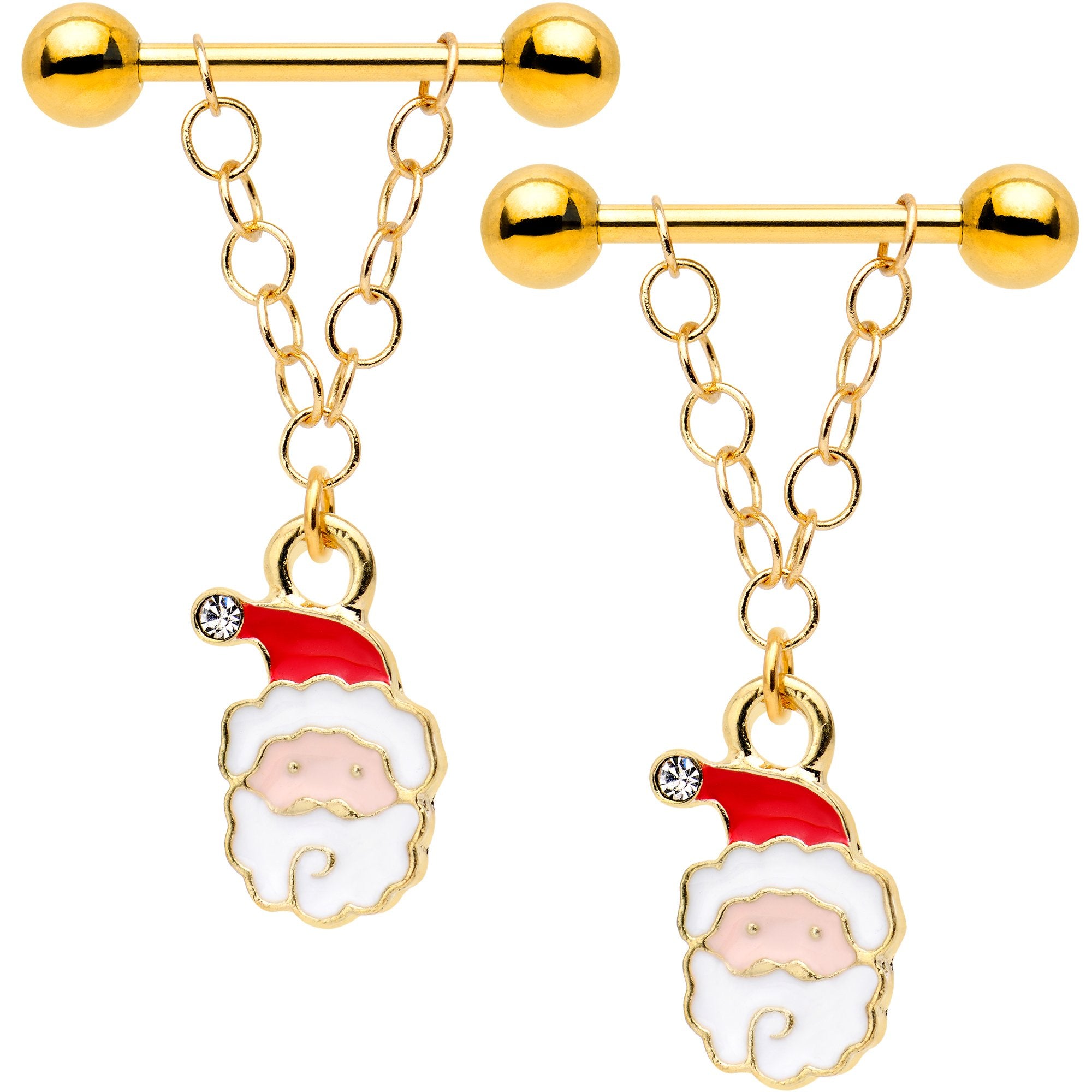 Gold Tone Anodized Jolly Santa Dangle Barbell Nipple Ring Set