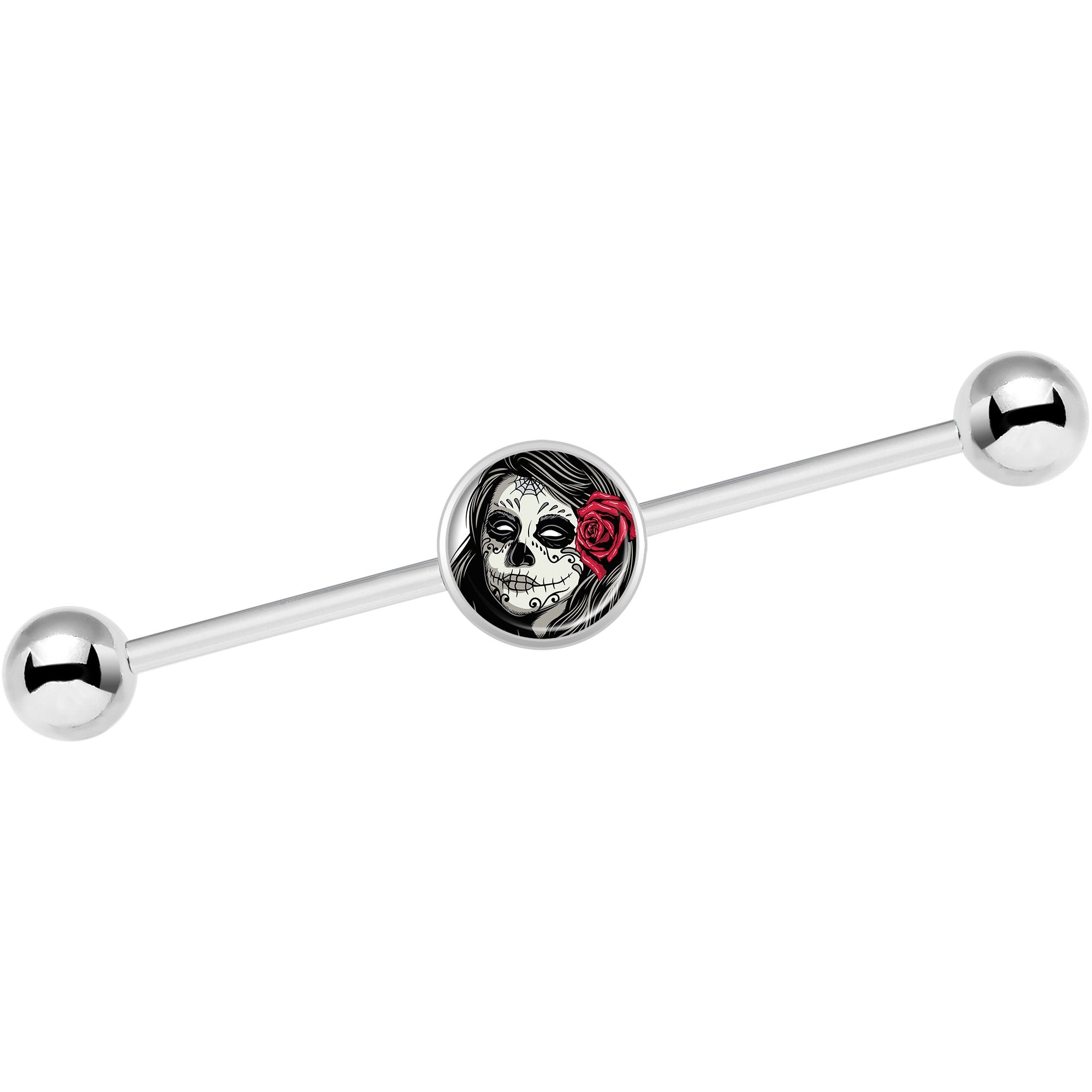 14G Katrina Sugar Skull with Rose Flower Industrial Barbell 37mm