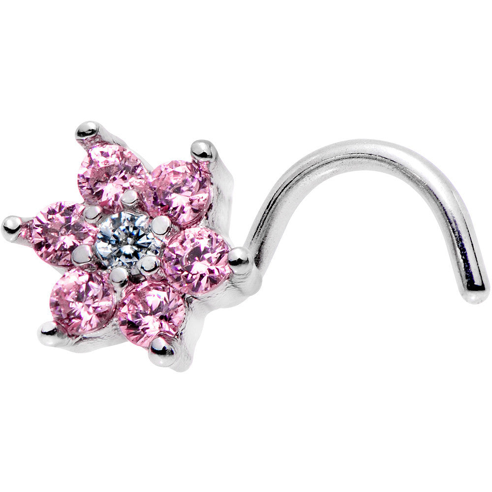 20G 1/4 Pink and Clear CZ Gem Flower Left Nose Screw