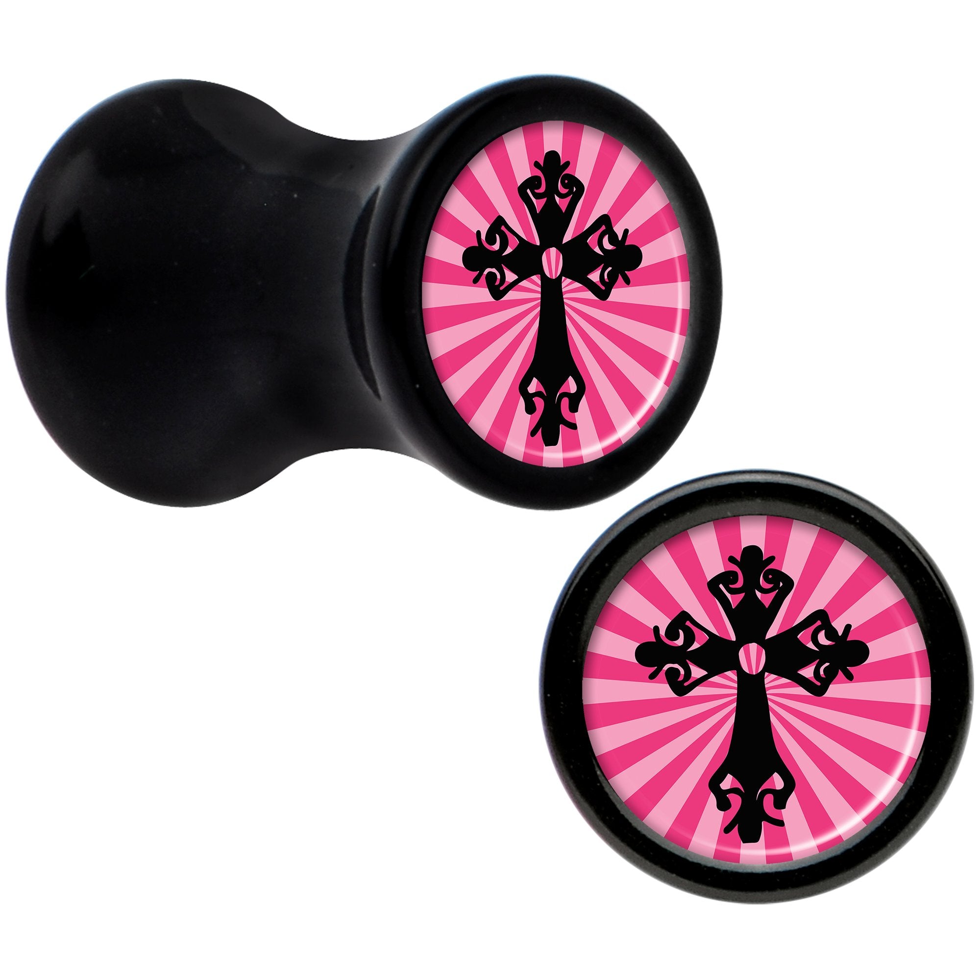 Black Acrylic Pink Black Radiant Cross Saddle Plug Set 4 Gauge