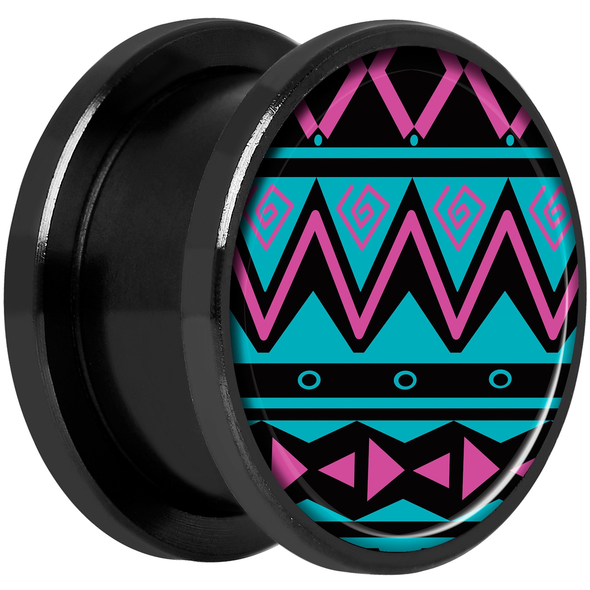 Pink Teal Tribal Print Black Anodized Screw Fit Plug Set 5/8