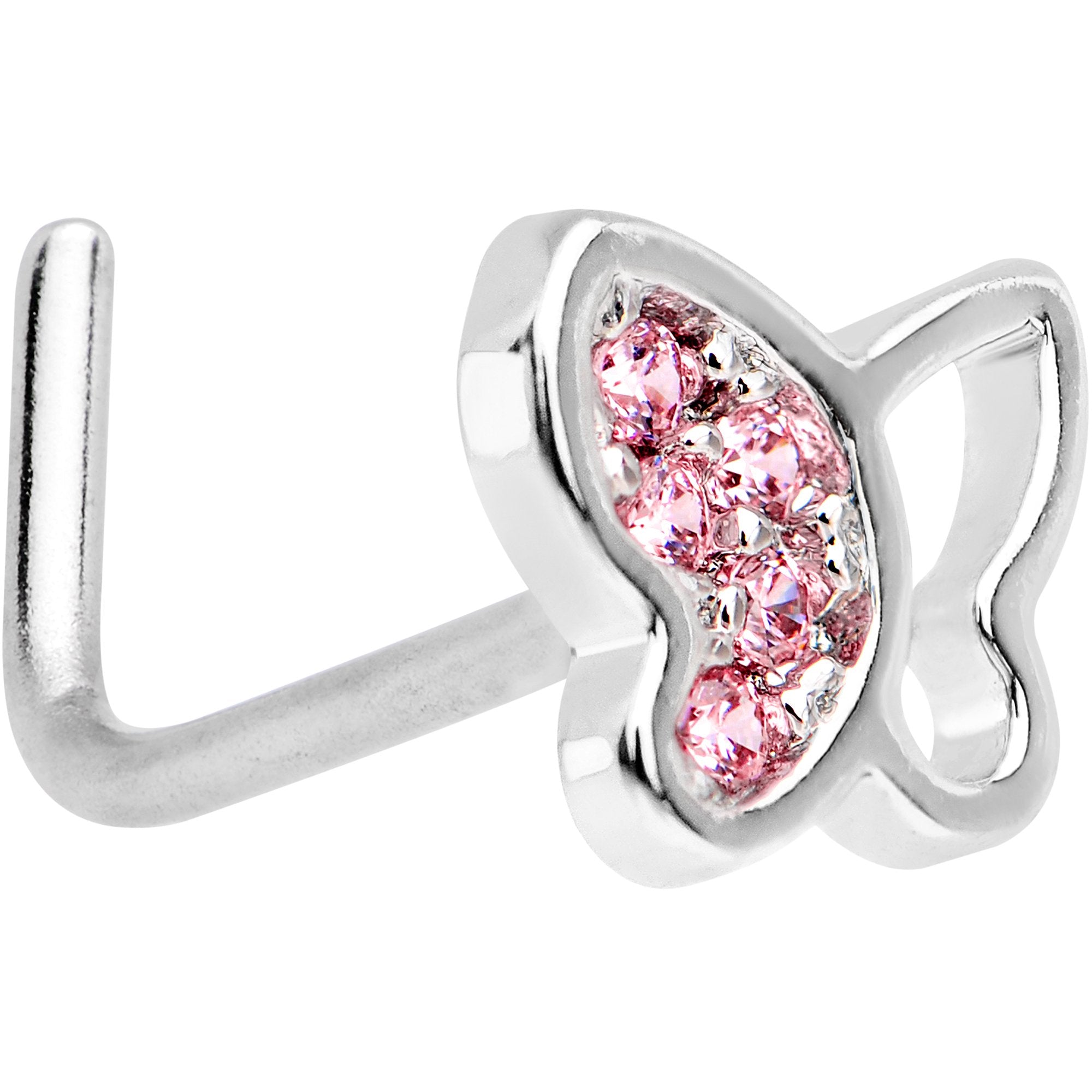 20G 1/4 Pink CZ Gem Butterfly L Shaped Nose Ring