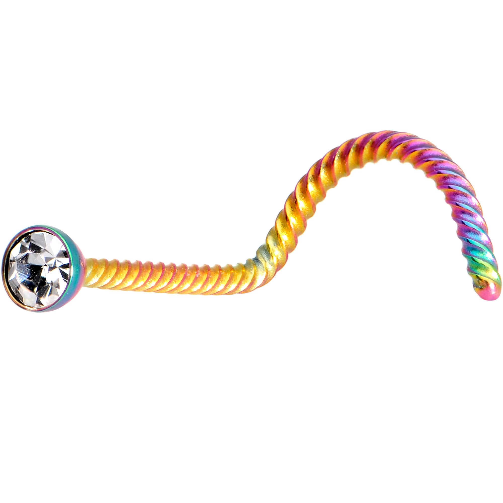 Clear 2mm Gem Inlay Rainbow IP Twisted Left Nose Screw