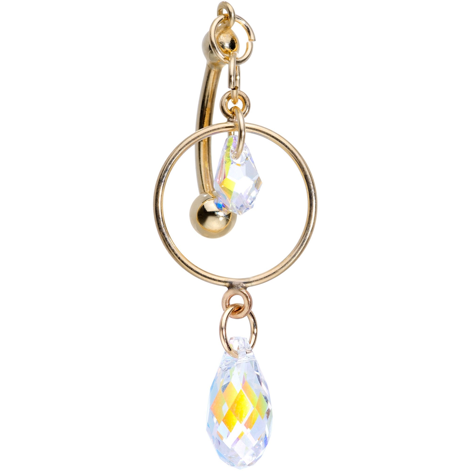 14KT Gold Reversible Dangle Belly Ring Created with Crystals