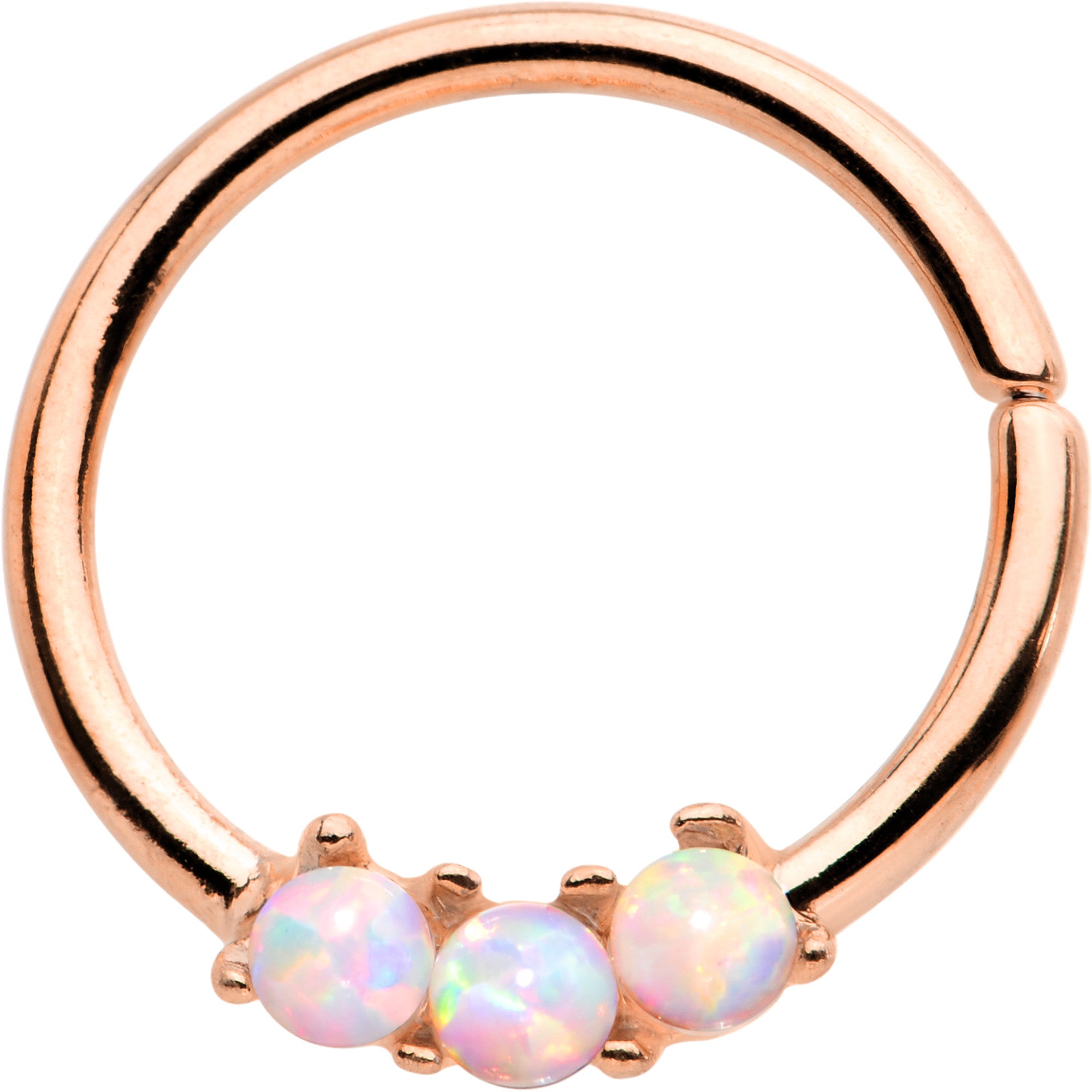 16 Gauge White Synthetic Opal Trio Rose Gold IP Annealed Circular Ring