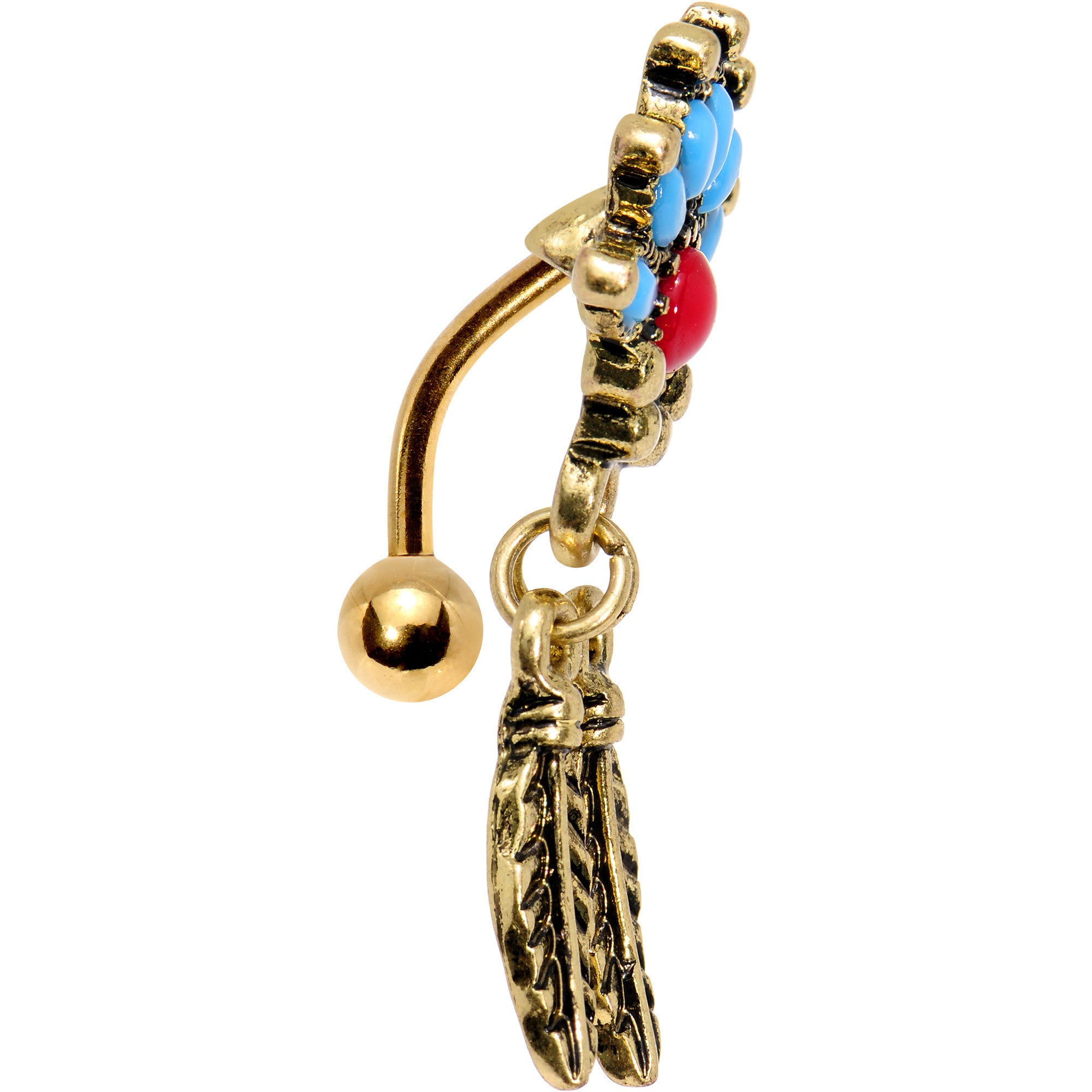 Red Blue Orb Gold Anodized Fan Feather Top Mount Dangle Belly Ring