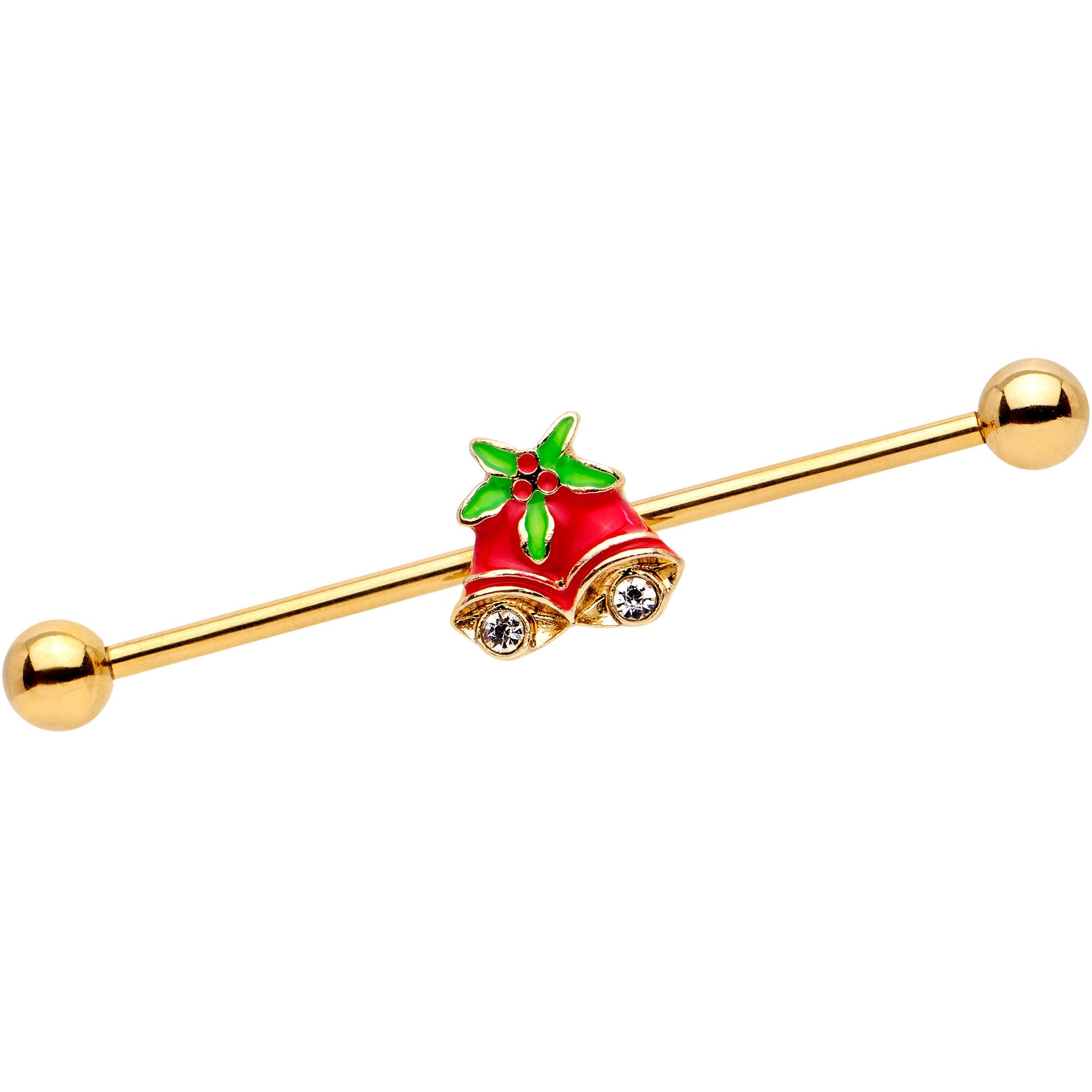 Clear Gem Gold PVD Red Christmas Bells Industrial Barbell 38mm