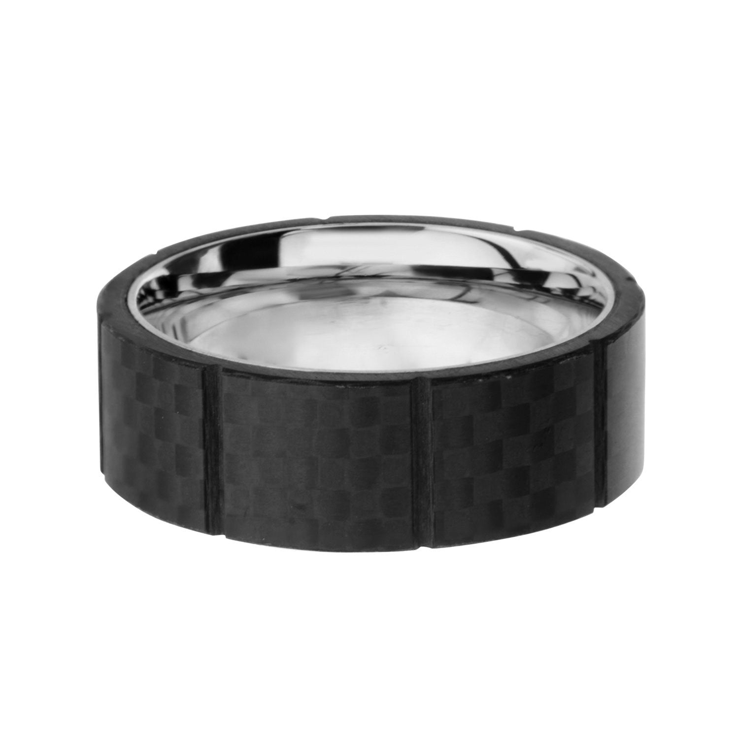 Mens Solid Carbon Fiber Ridged Stainless Steel Ring