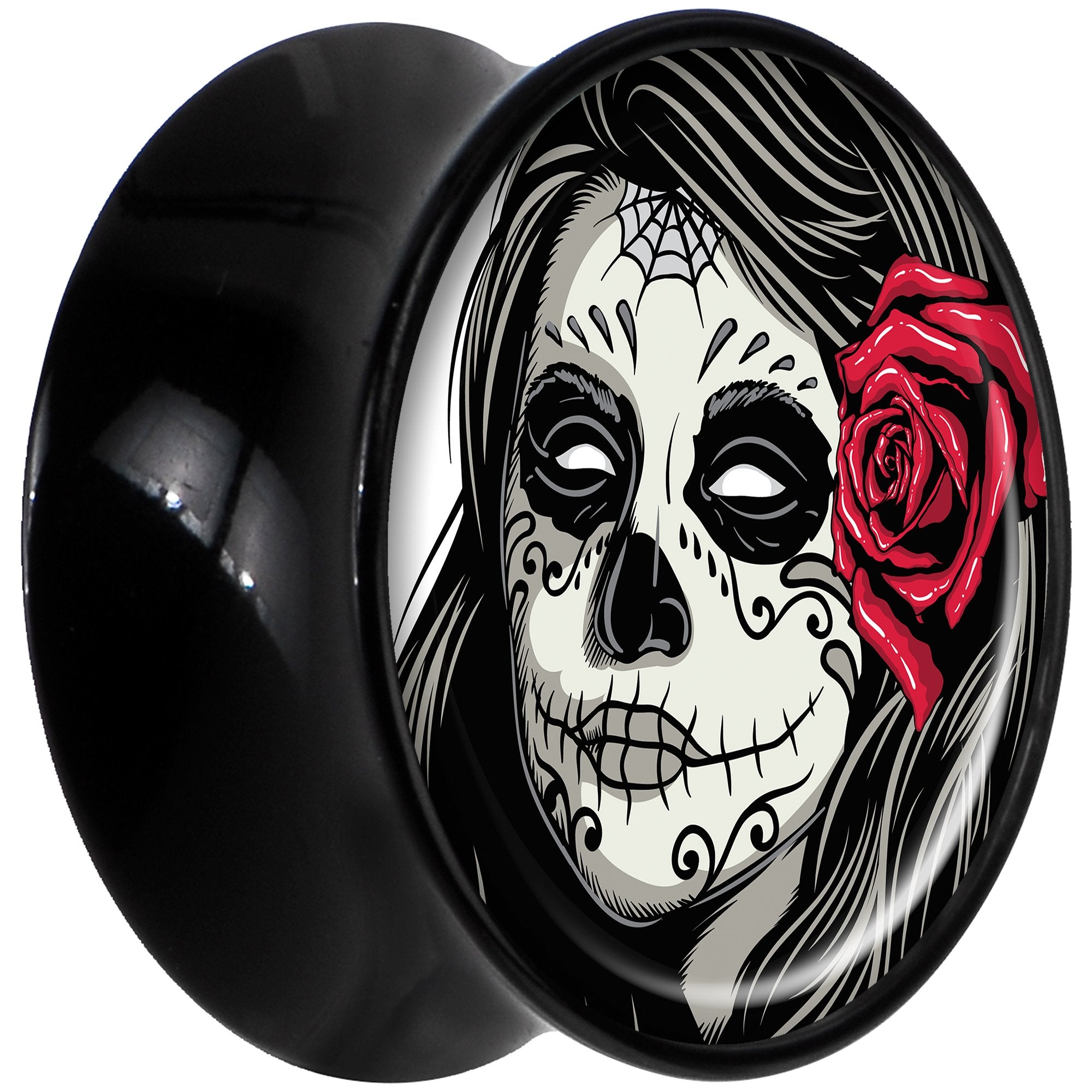 Black Acrylic Katrina Sugar Skull with Rose Flower Saddle Plug Set 9/16