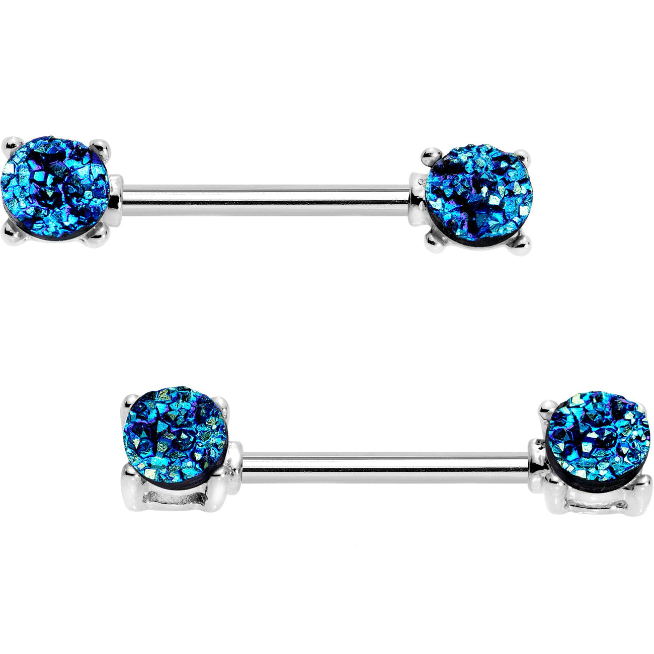 14 Gauge 9/16 Blue Faux Druzy Inlay Barbell Nipple Ring Set