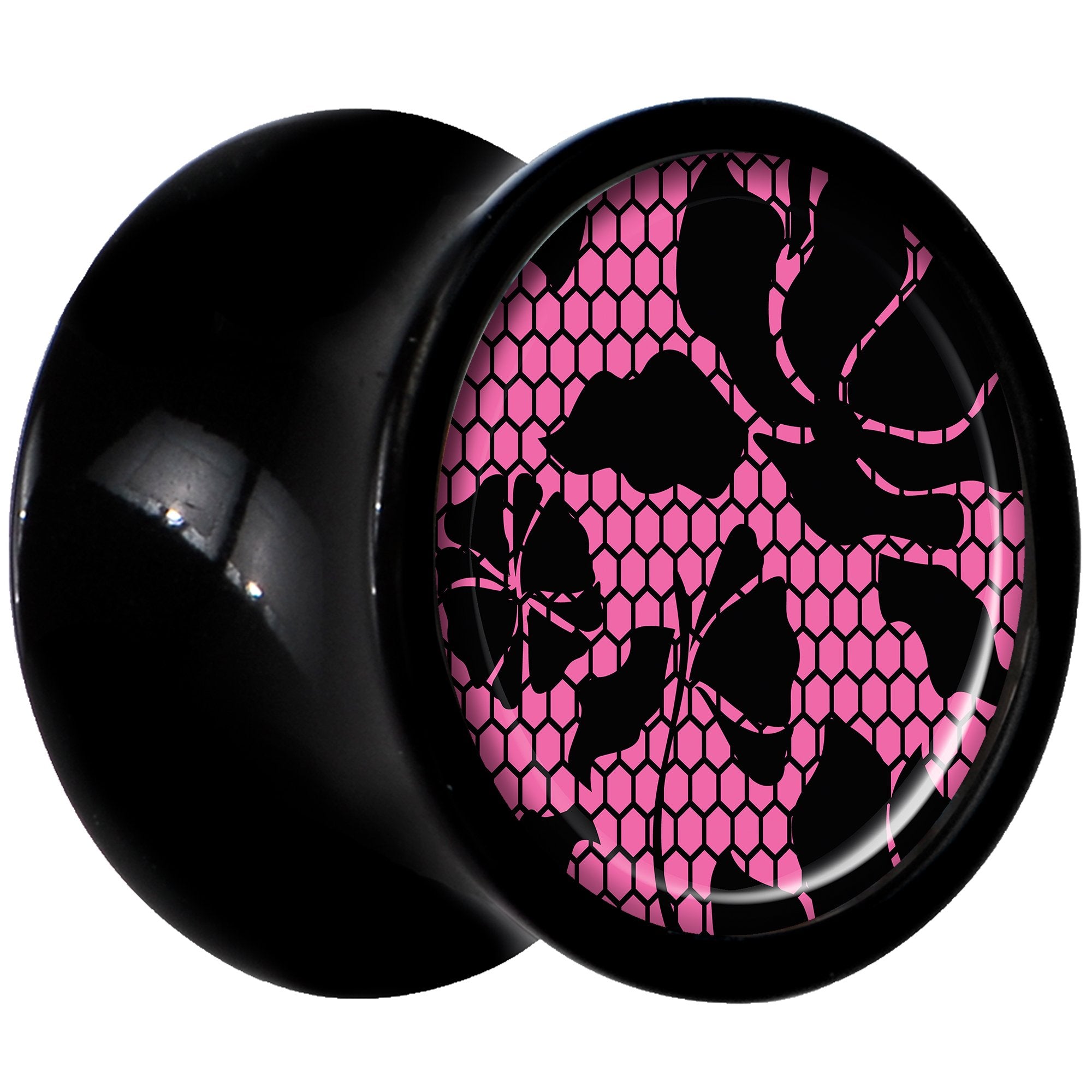 Black Acrylic Pink Floral Lace Saddle Plug Set 0G
