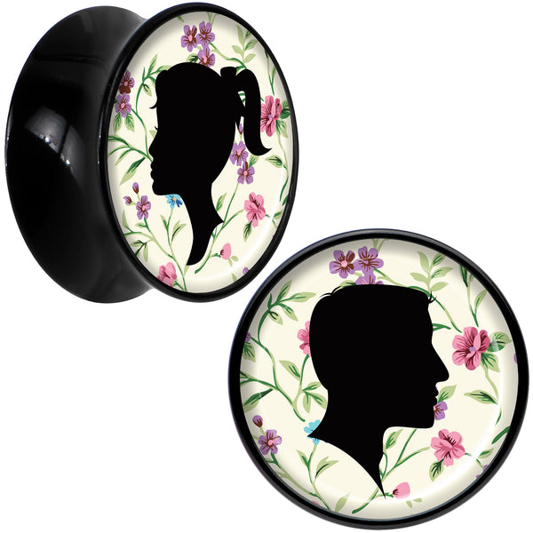 Black Acrylic Man Woman Floral Silhouette Saddle Plug Set 5/8