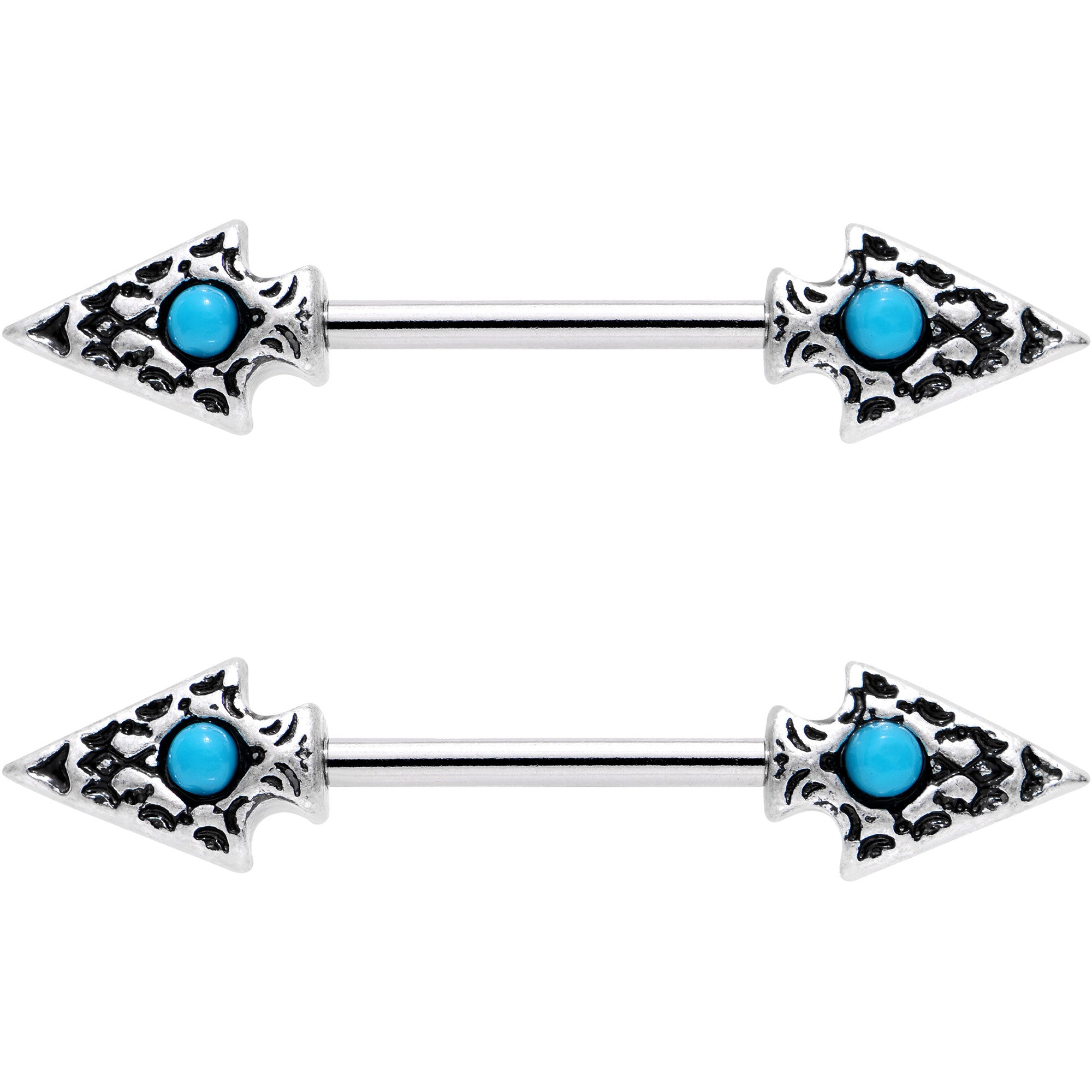 9/16 Faux Turquoise Southwestern Arrowheads Barbell Nipple Ring Set