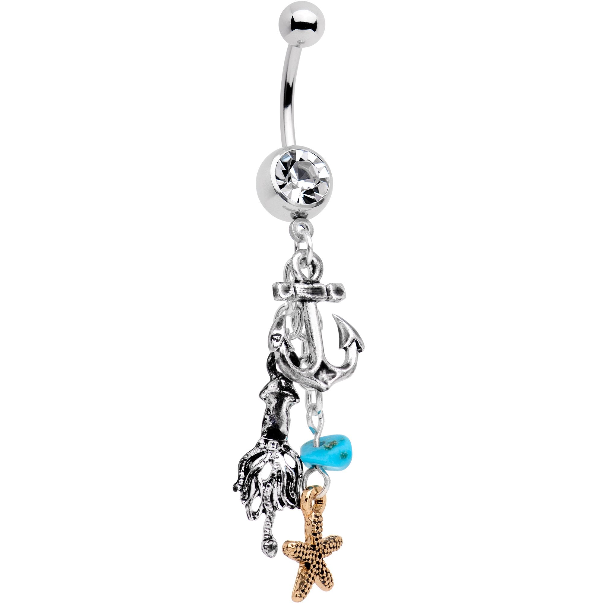 Clear Gem Creatures From The Deep Blue Sea Dangle Belly Ring