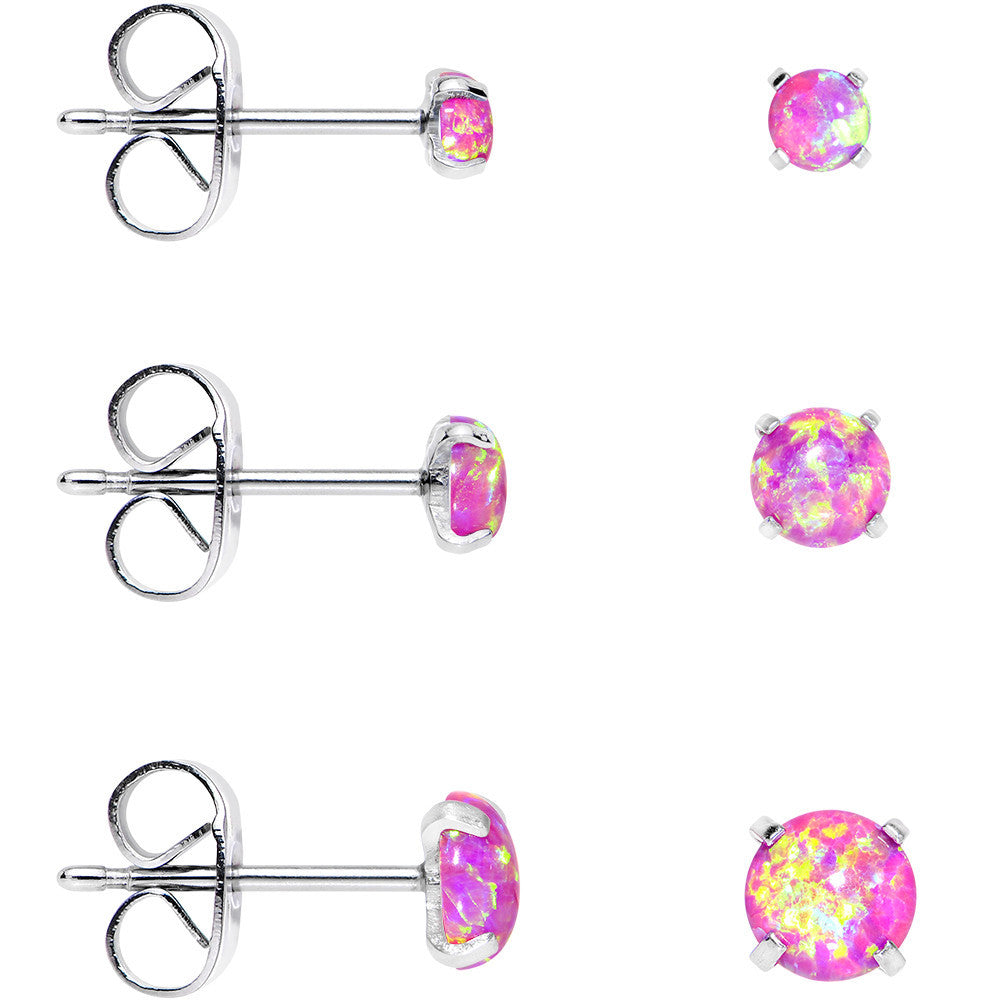Pink Synthetic Opal Stainless Steel Post Stud Earring Pack Set of 3