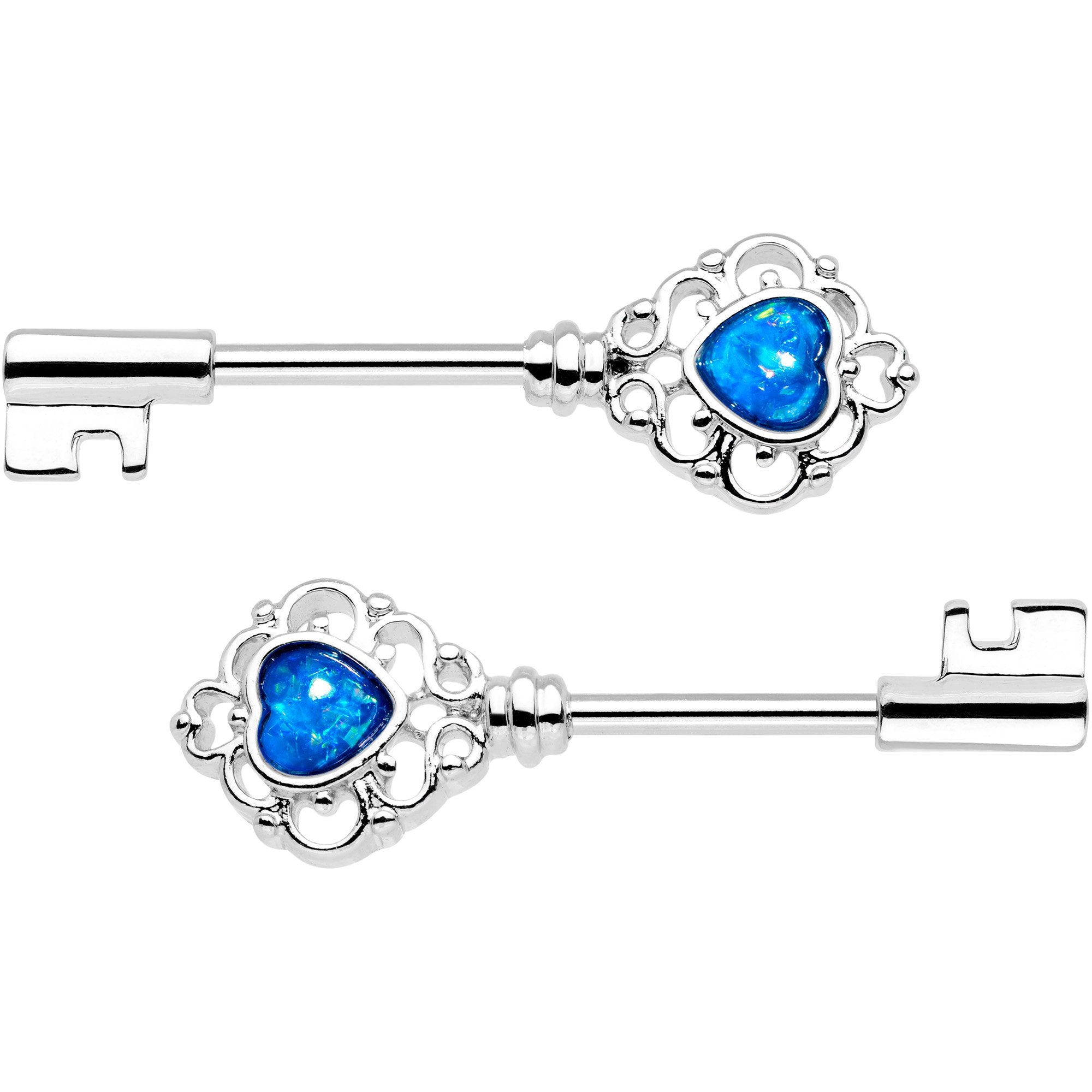 1/2 Blue Faux Opal Heart Key Barbell Nipple Ring Set