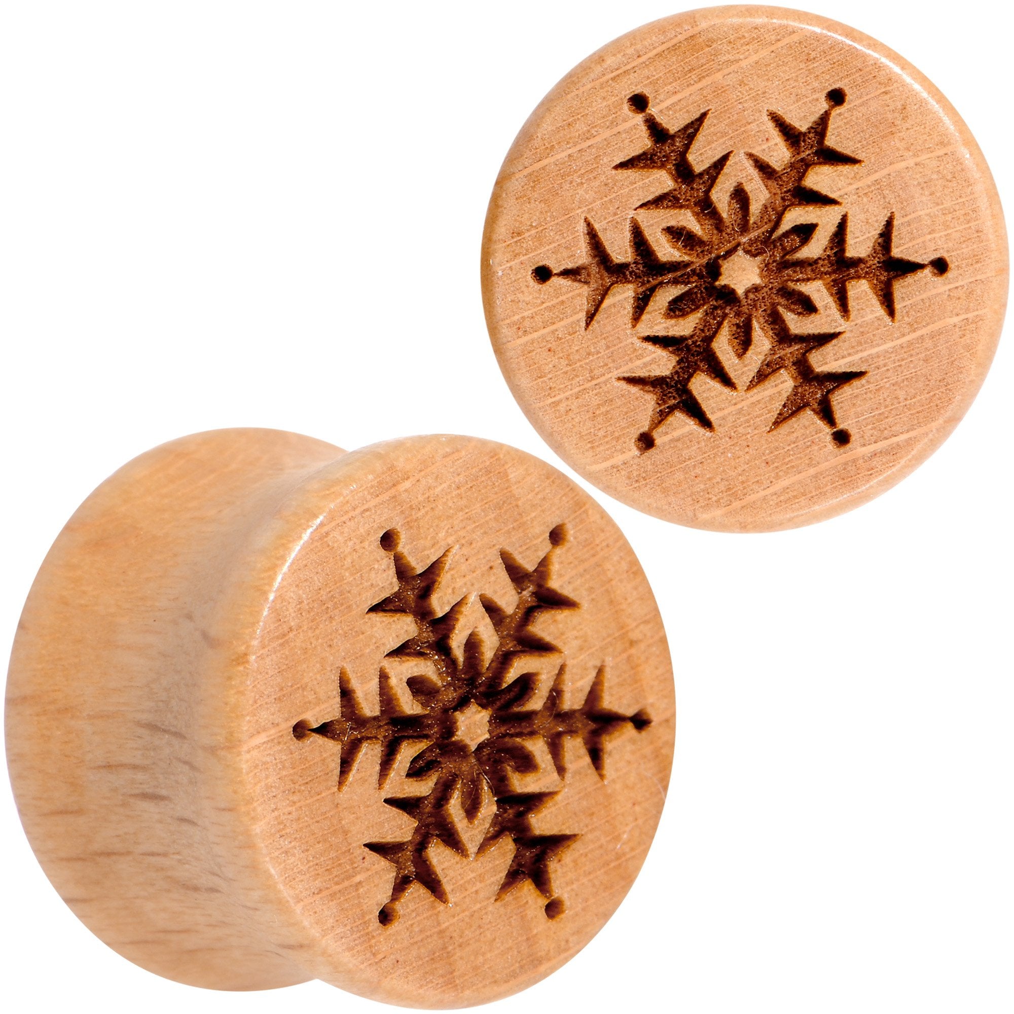 Organic Beechwood Holiday Winter Snowflake Saddle Plug Set Sizes 8mm to 25mm