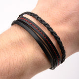 Mens Black Braided Leather in Red Tread Layered 12mm Bracelet