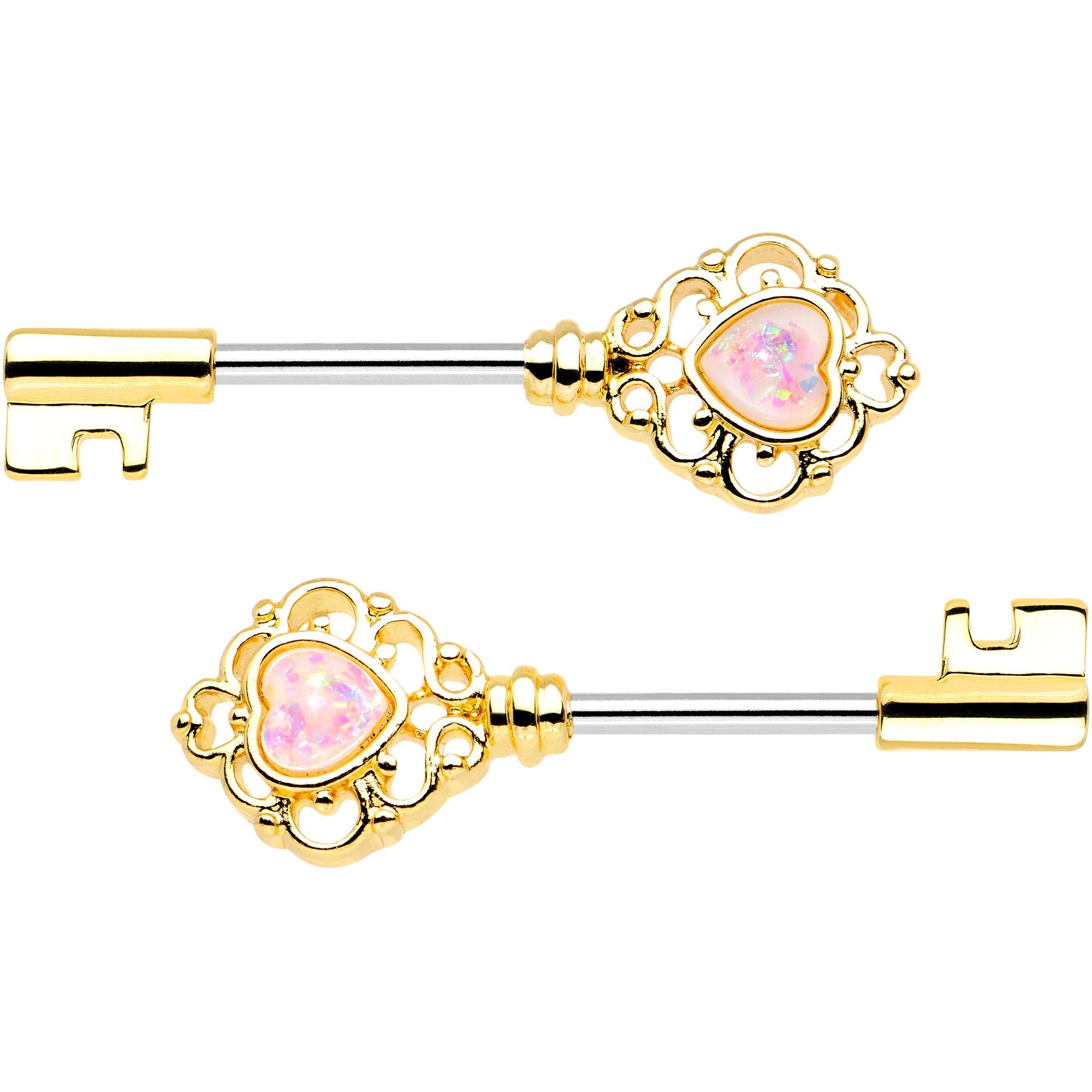 1/2 White Faux Opal Gold Tone Heart Key Barbell Nipple Ring Set