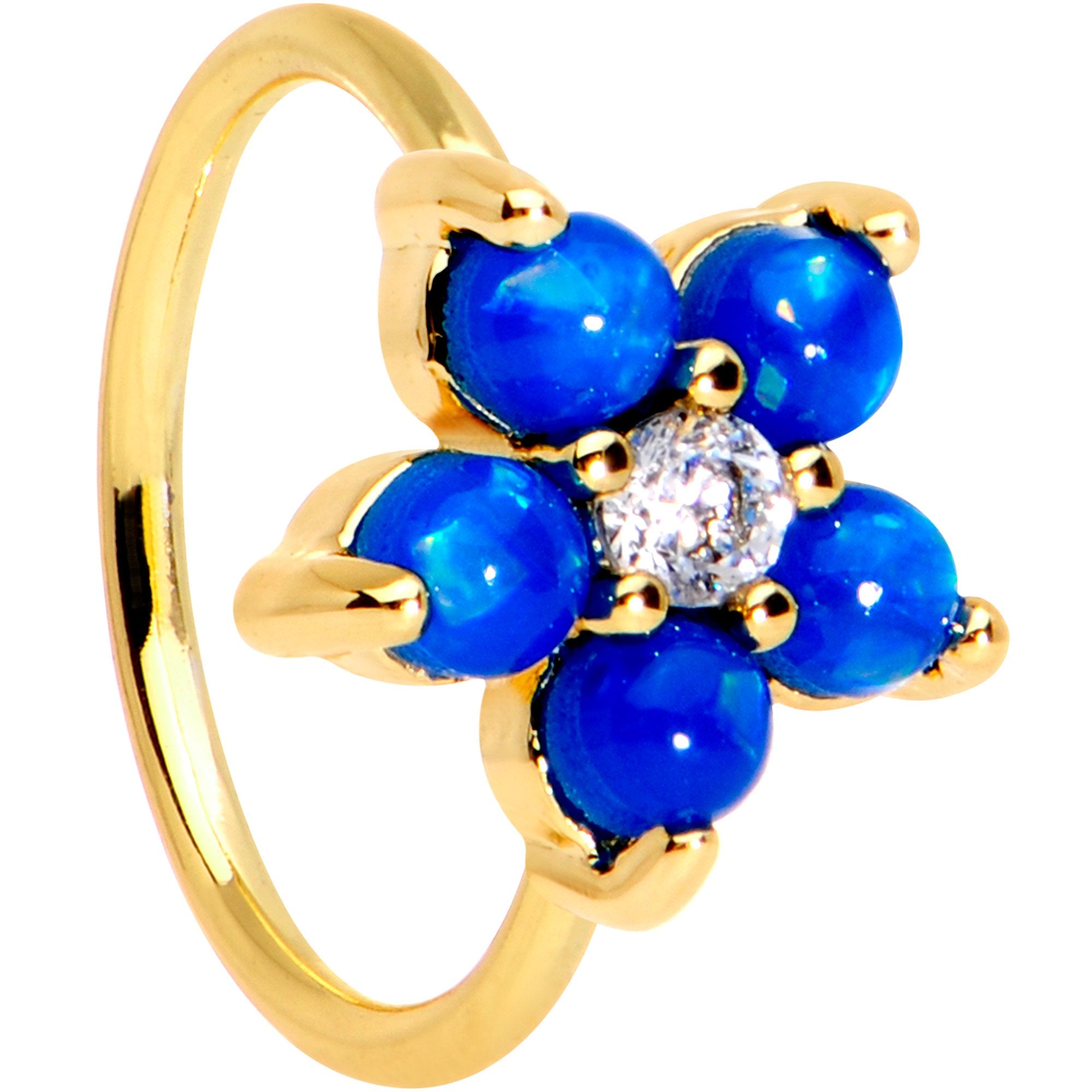 20 Gauge Clear CZ Blue Faux Opal Gold Tone Flower Circular Ring