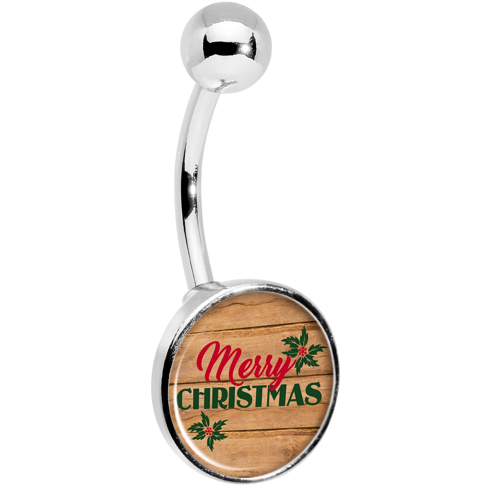 Rustic Wood Merry Christmas  Stainless Steel Belly Ring stylish jewelry