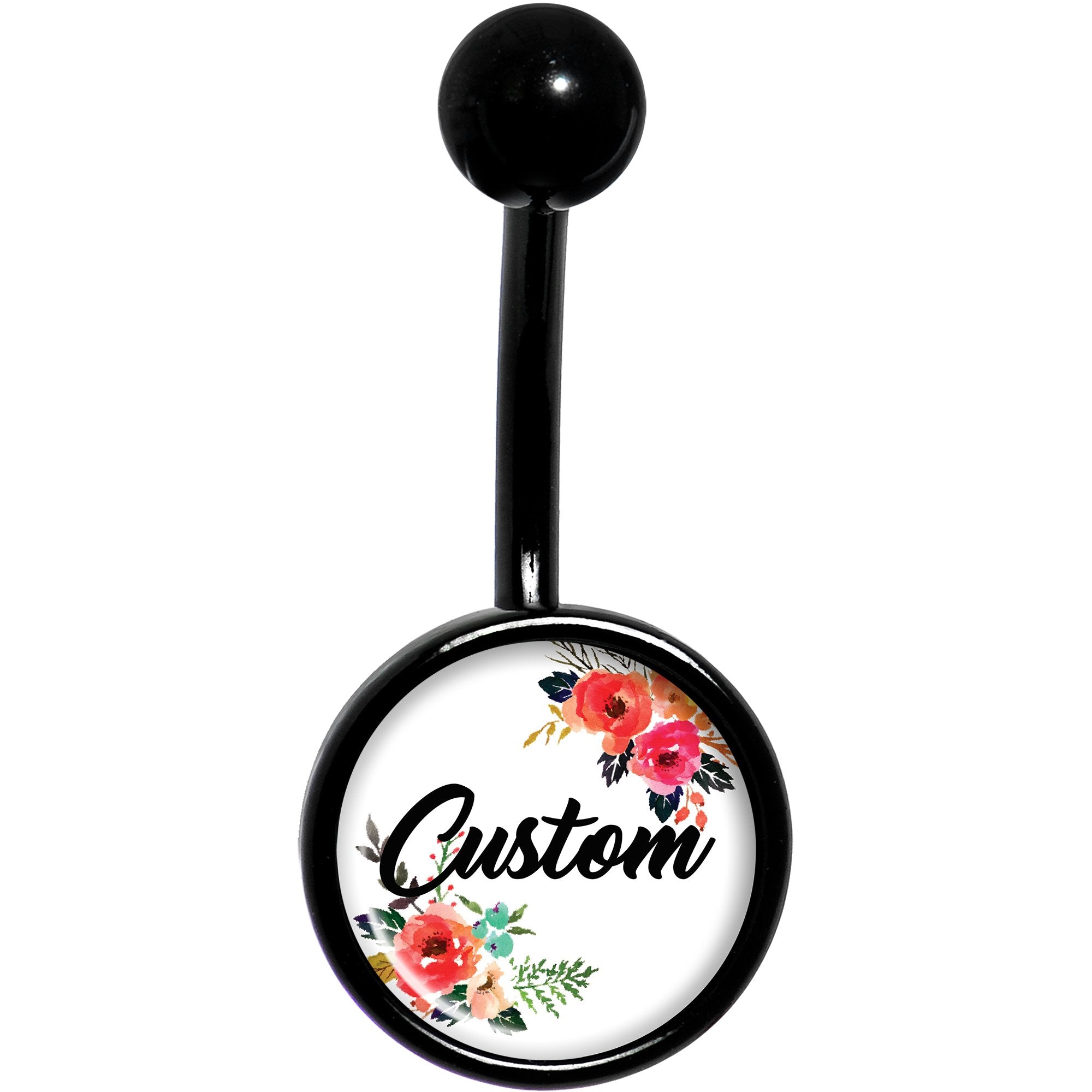 Custom Floral Personalized Name Black Belly Ring
